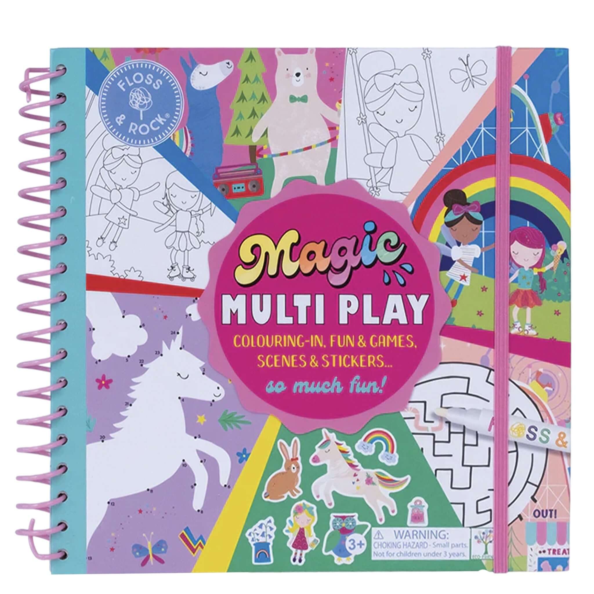 Alt Tag: Floss & Rock Magic Multi Play Activity Book - Rainbow Fairy spiral-bound reusable activity book with stickers, mazes and colouring