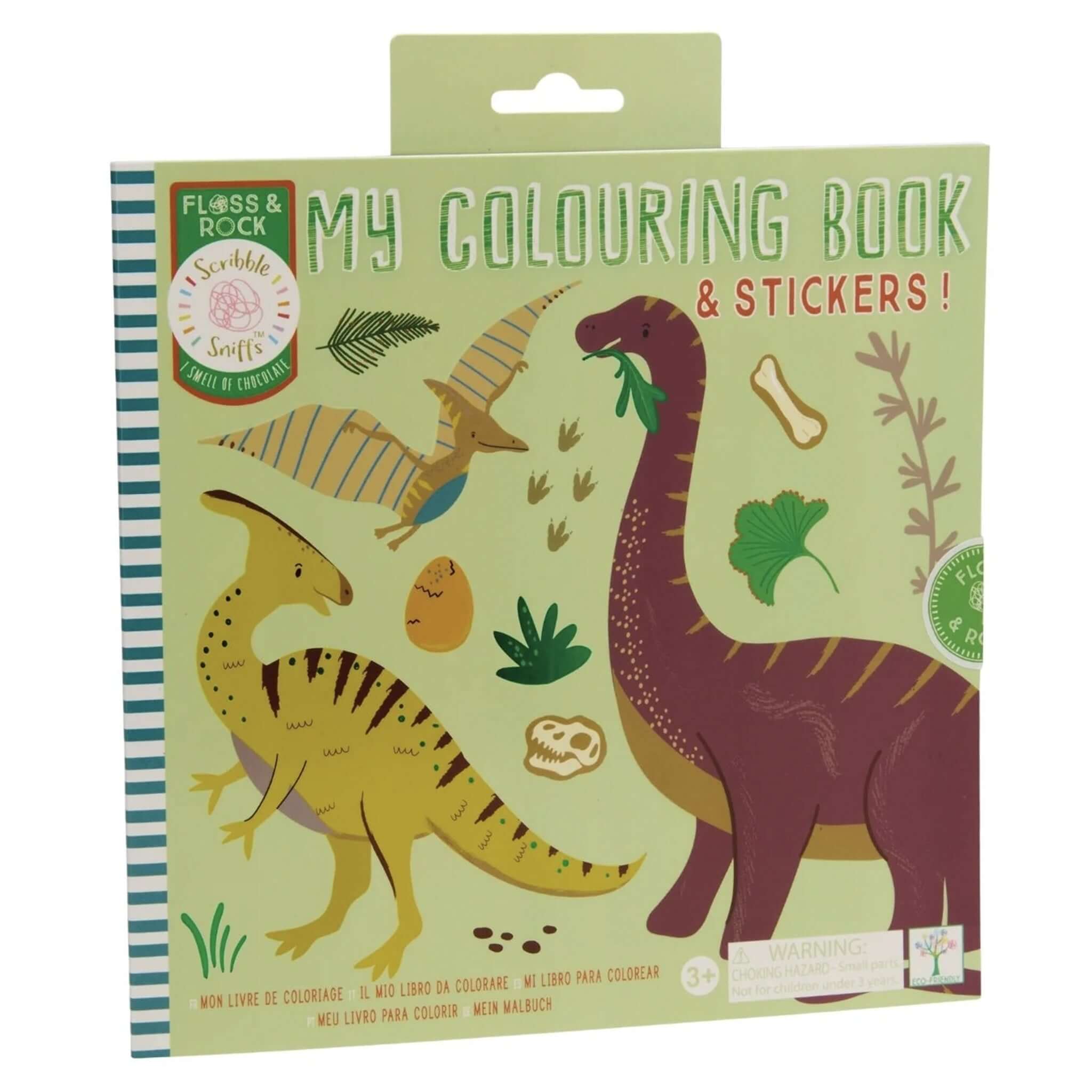 Alt Tag: Floss & Rock My Colouring Book Scribble Sniff - Dino dinosaur scratch-and-sniff colouring book with stickers cover