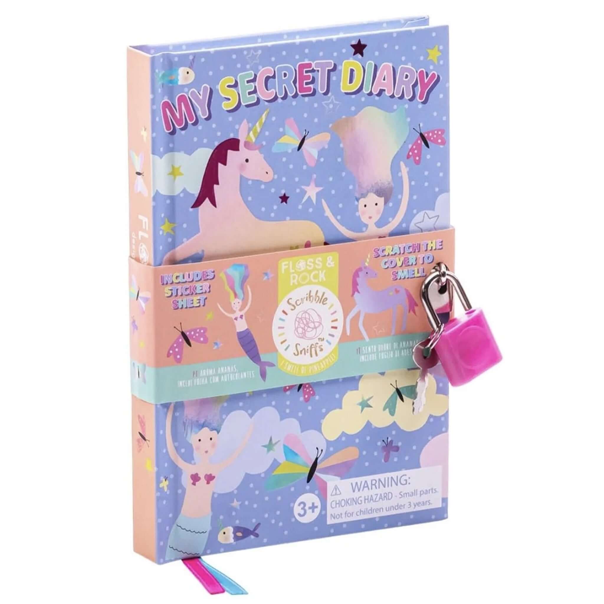 Alt Tag: Floss & Rock My Scented Secret Diary - Fantasy scratch & sniff pineapple scented secret diary with padlock, unicorn and mermaid cover