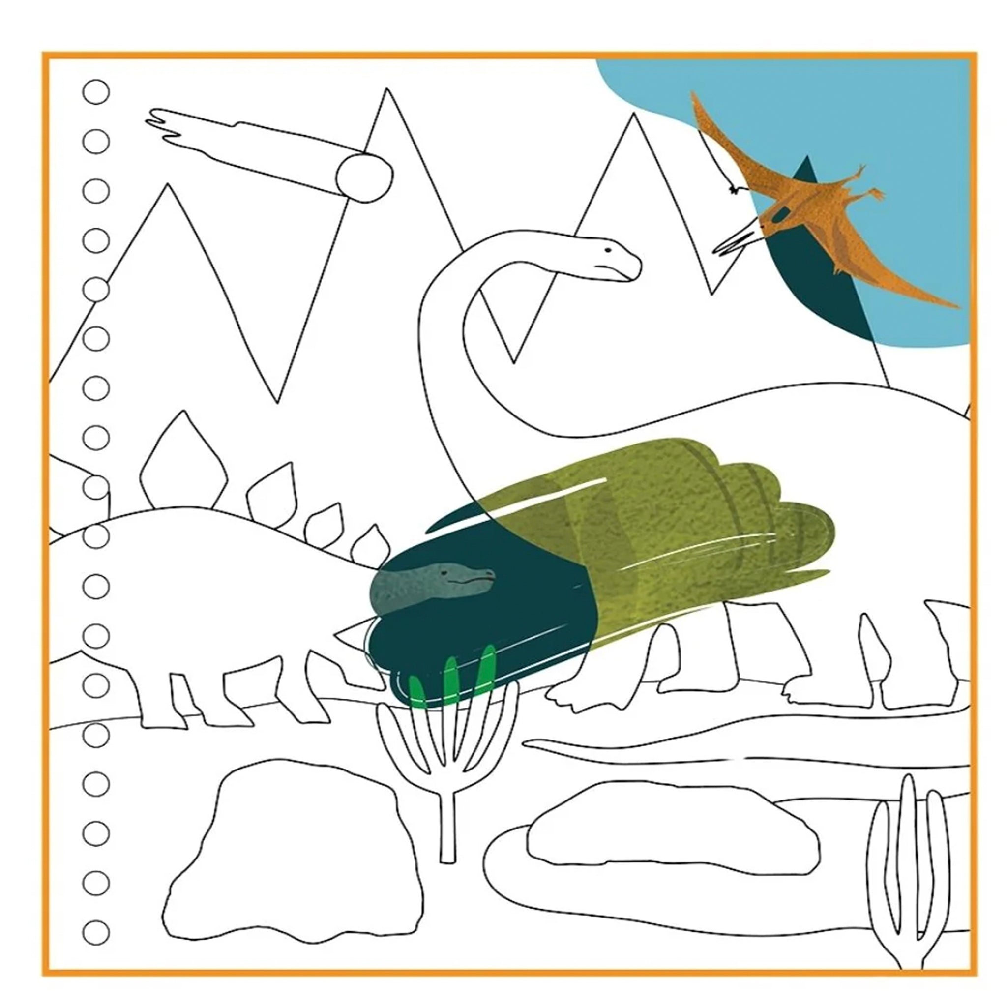 Coloring page with dinosaur illustrations and a blue sky background