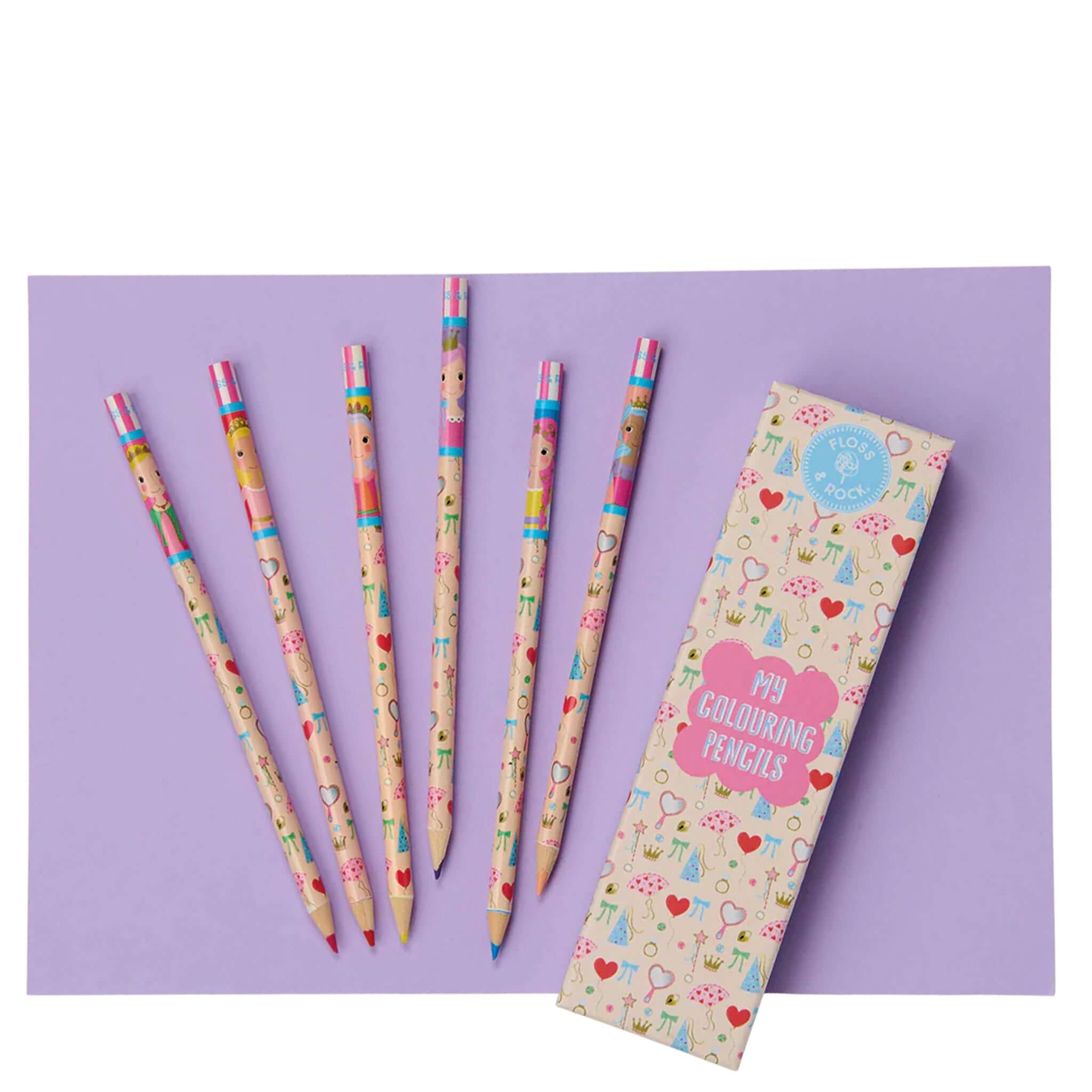 Floss & Rock My Colouring Pencils - Princess set featuring vibrant colored pencils on a purple background.