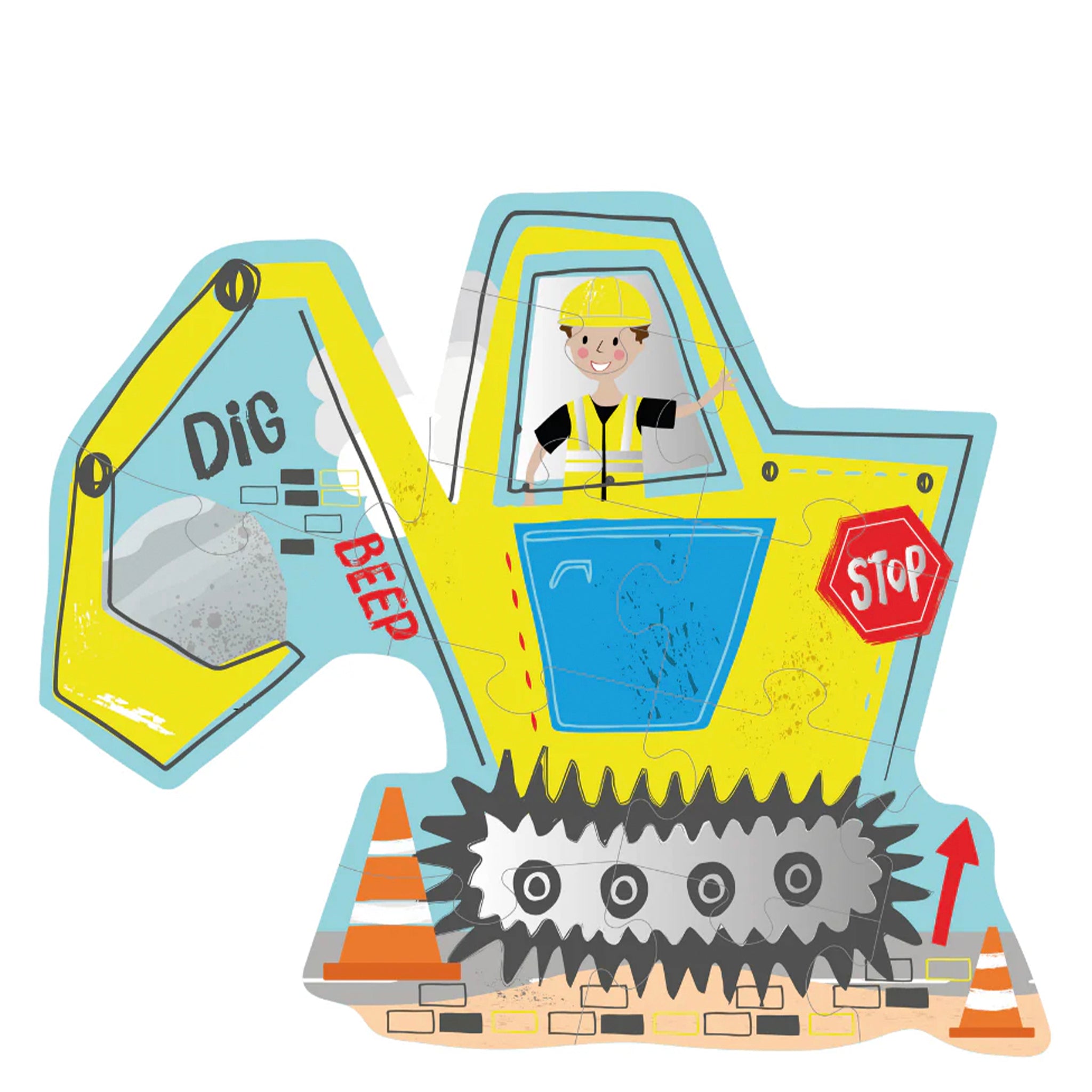 Children's toy excavator with a driver figure on a white background