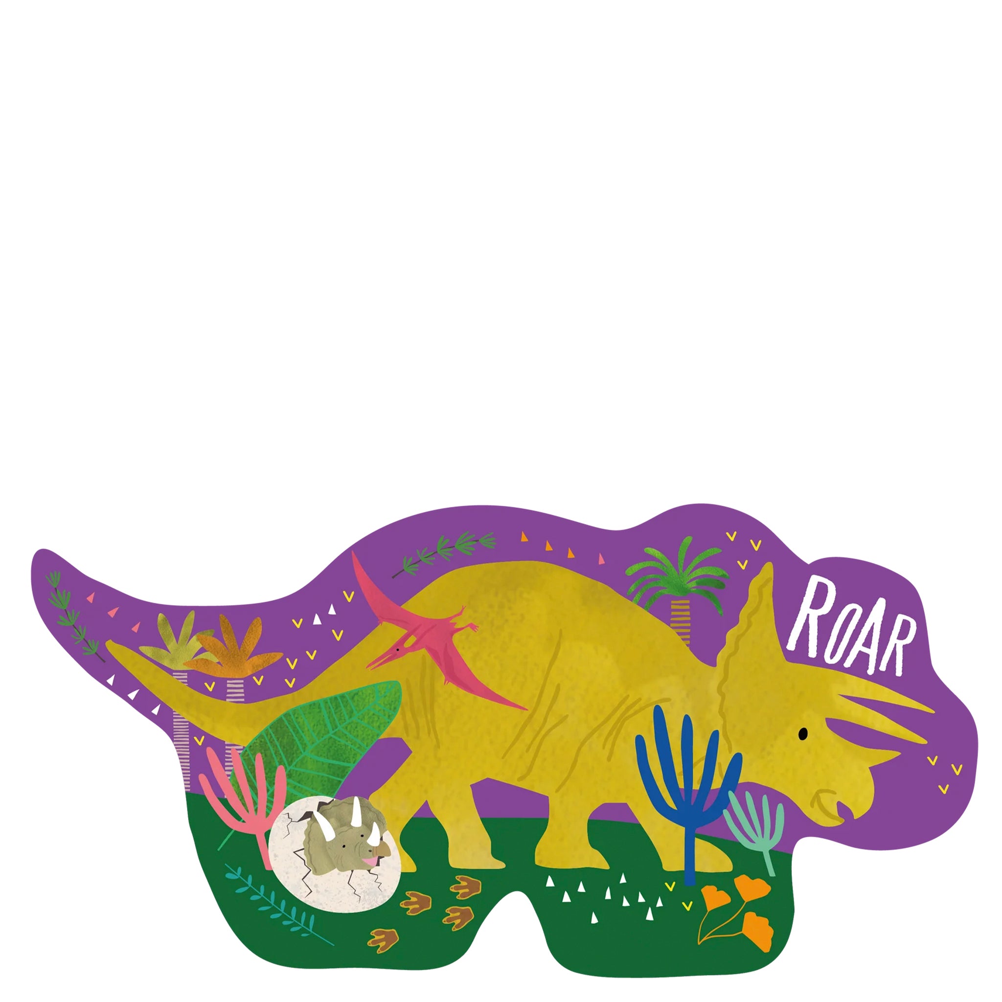 Colorful dinosaur illustration with 'ROAR' text on a white background