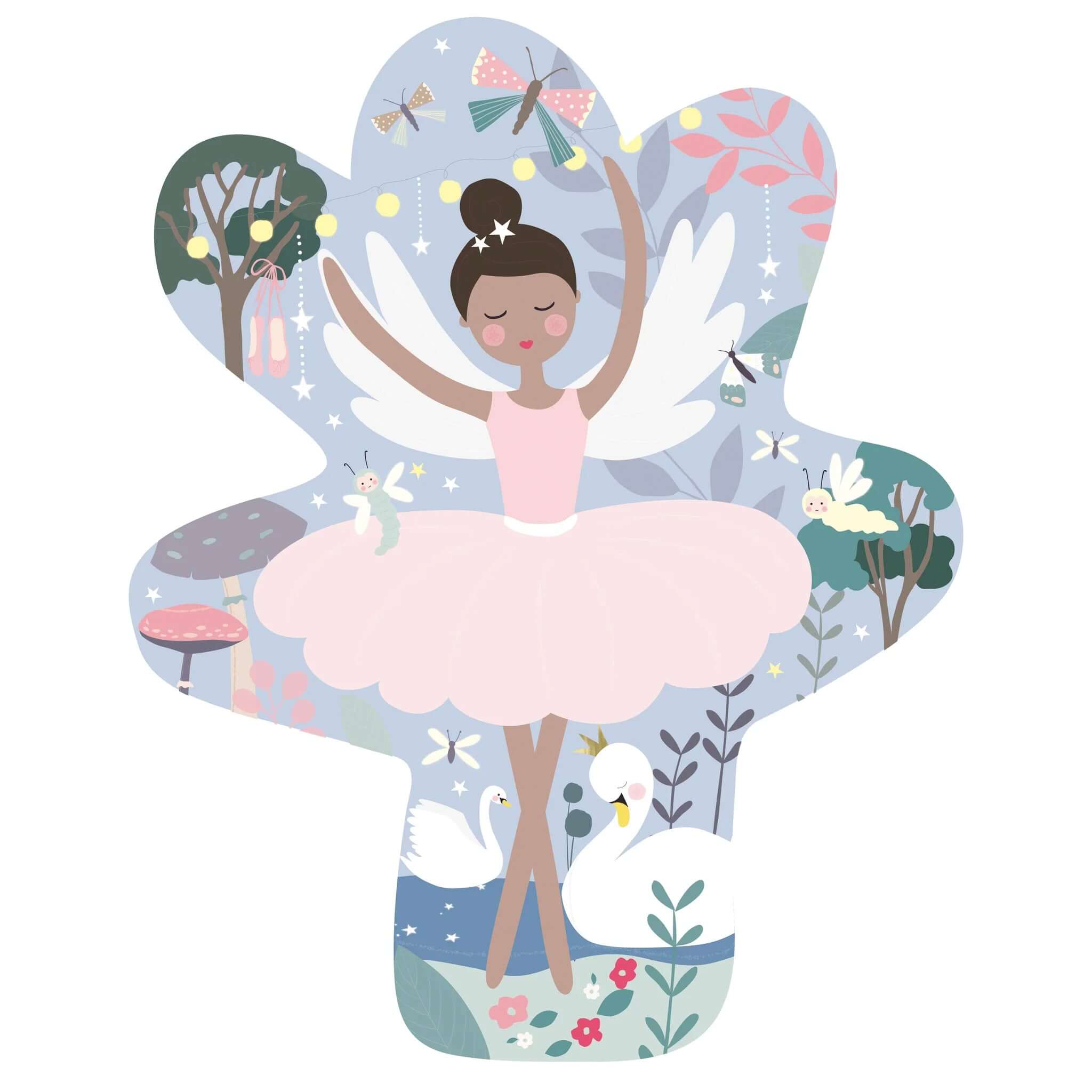 Decorative wall art of a fairy in a butterfly shape with swans and nature elements on a white background.