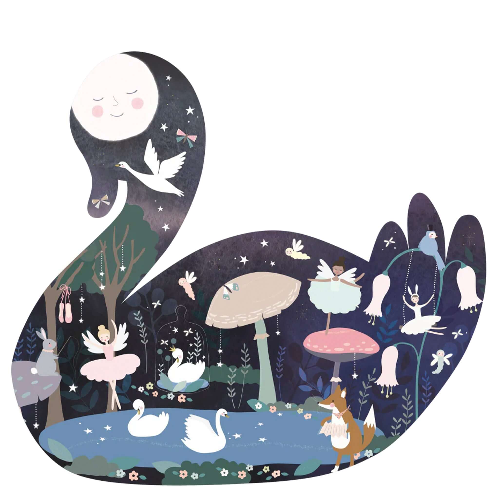 Floss & Rock Swan Shaped Jigsaw Puzzle - Enchanted featuring a magical scene with swans and fairies.