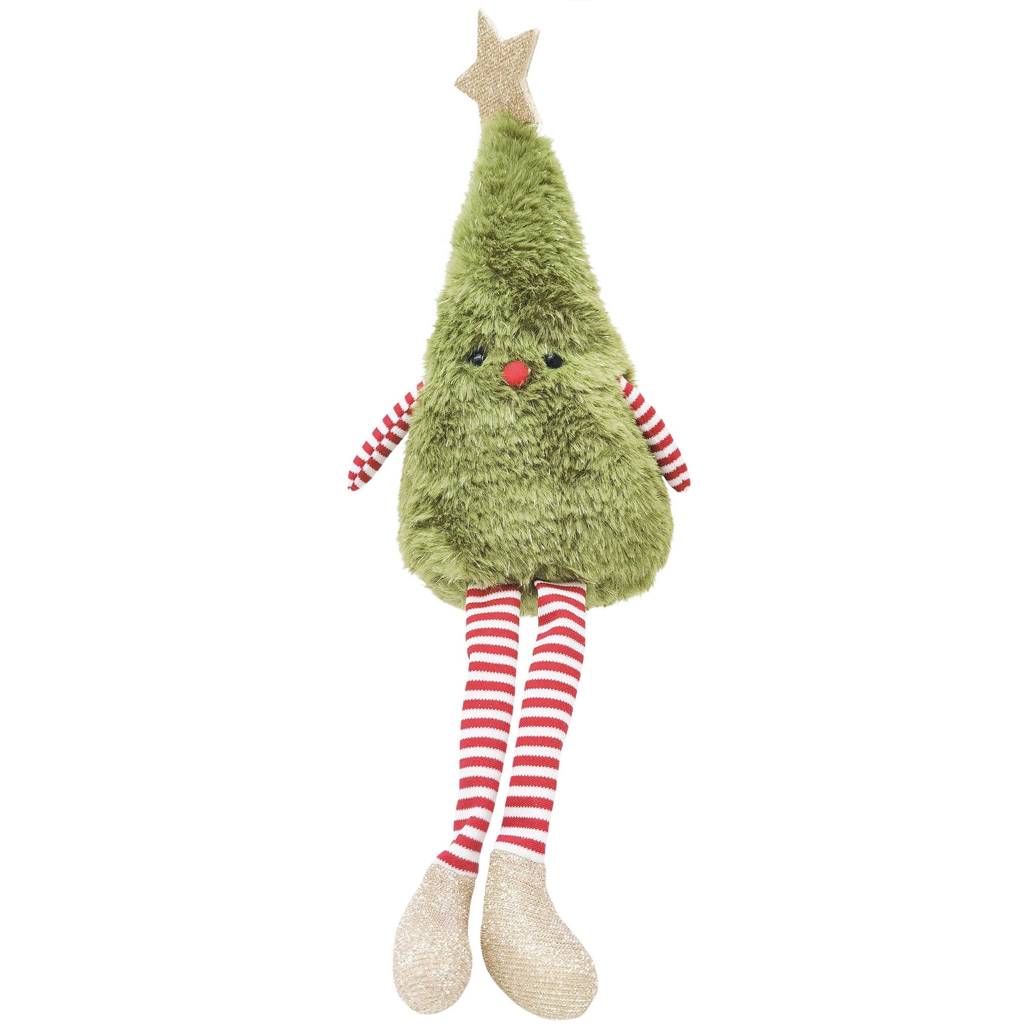 Green plush toy with red and white striped legs on a white background