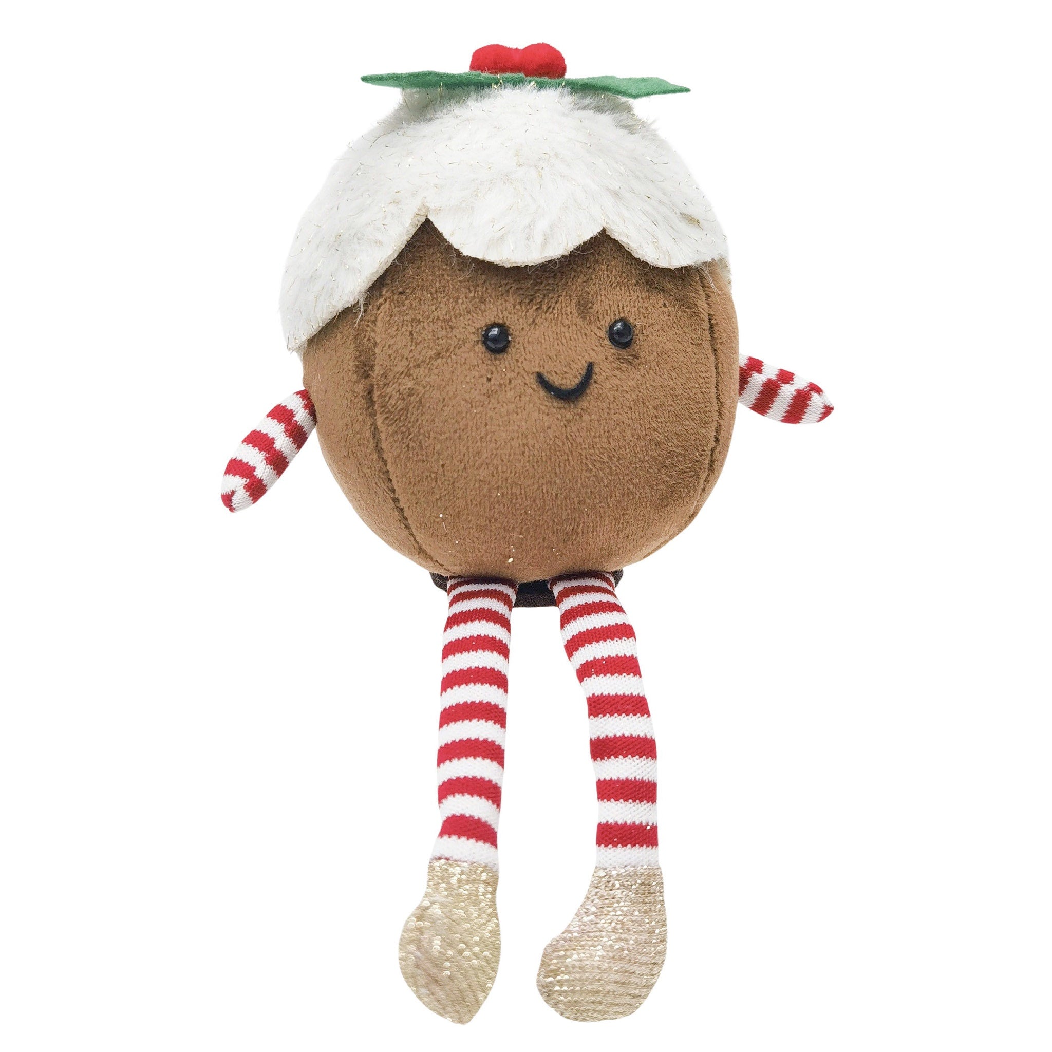 Plush toy resembling a Christmas pudding with a smiling face, red and white striped arms and legs on a white background.