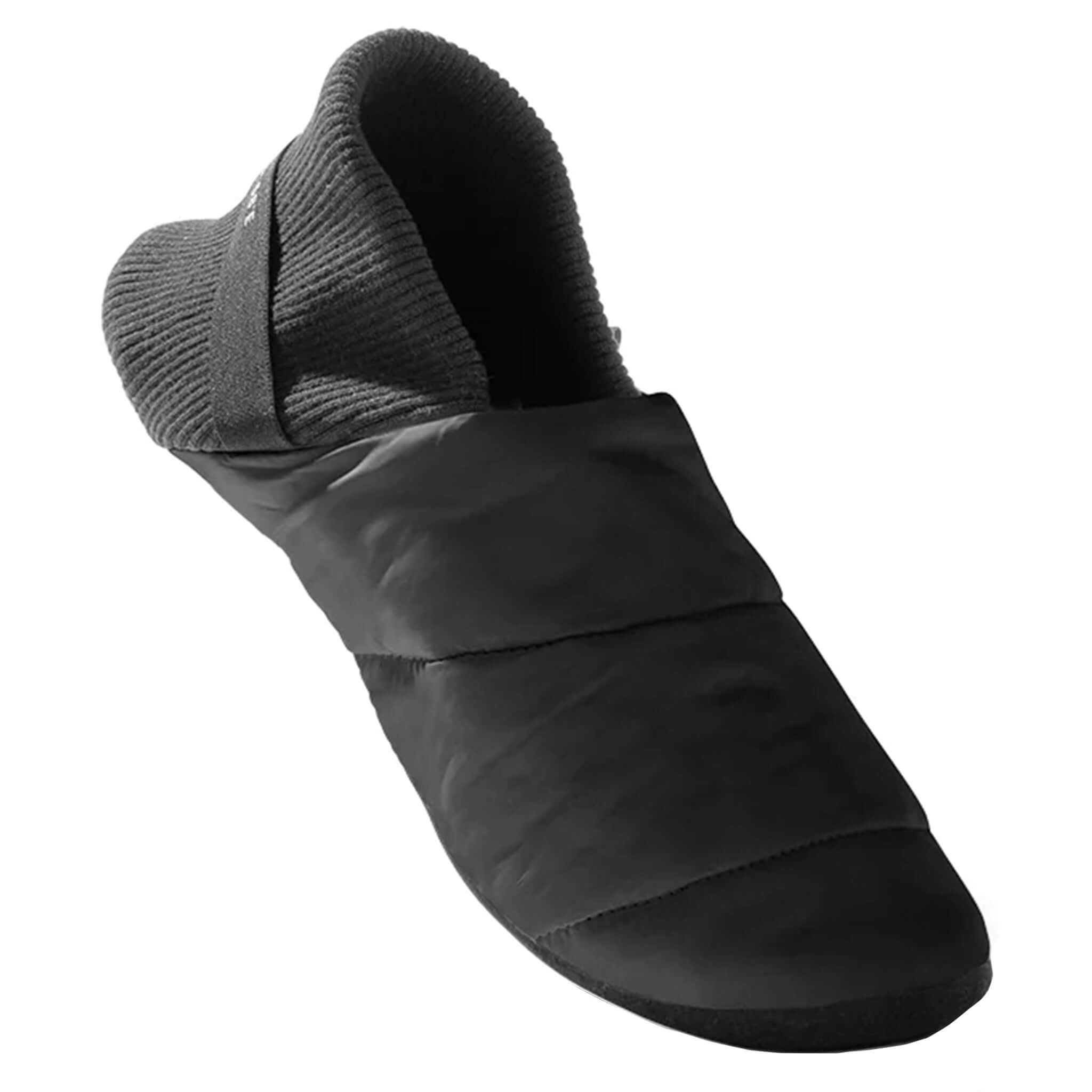 Alt Tag: Flyypod Skyywalkers Travel Slippers - Tarmac black puffer travel slipper with plush vegan fur footbed