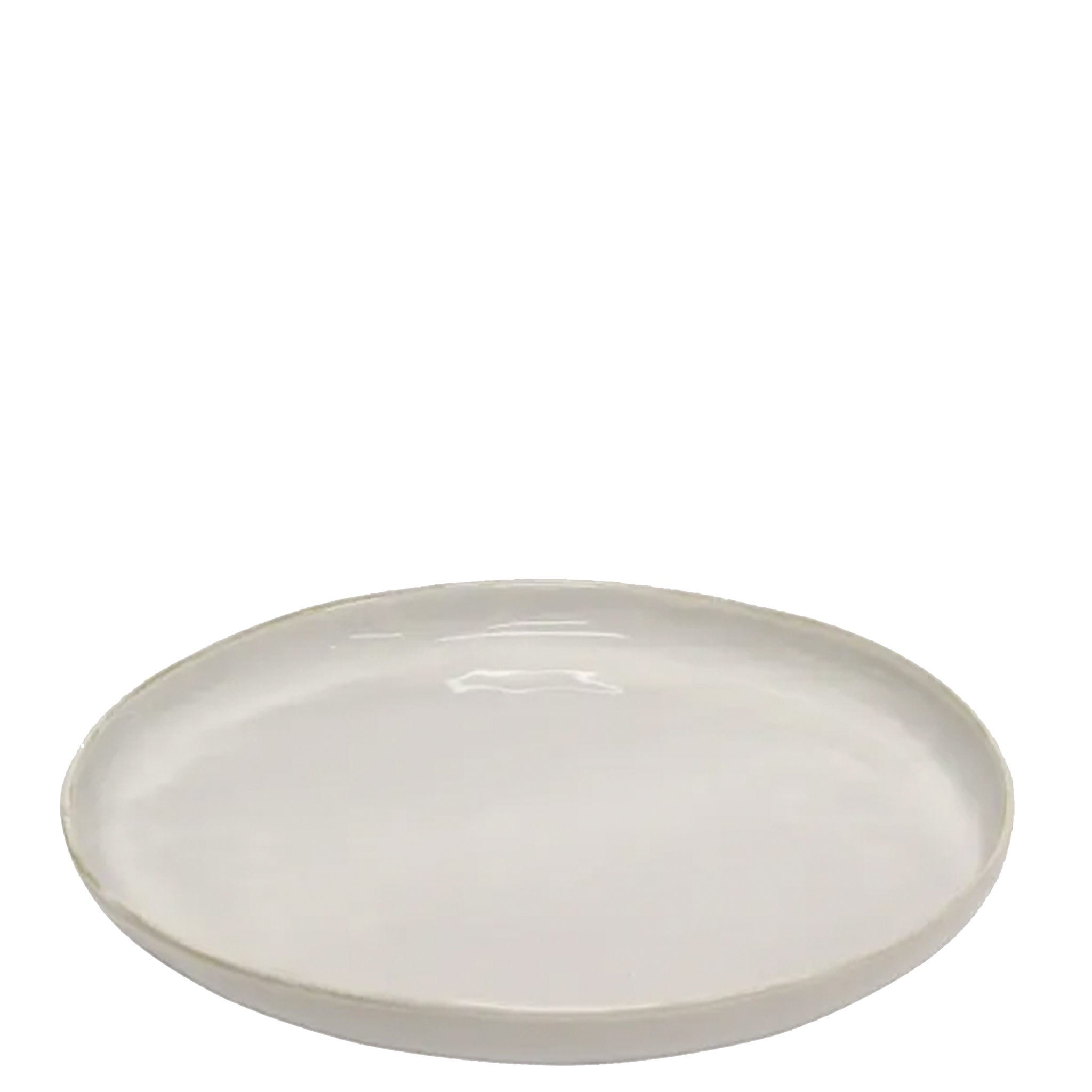 A rustic white stoneware dinner plate with a glazed finish.