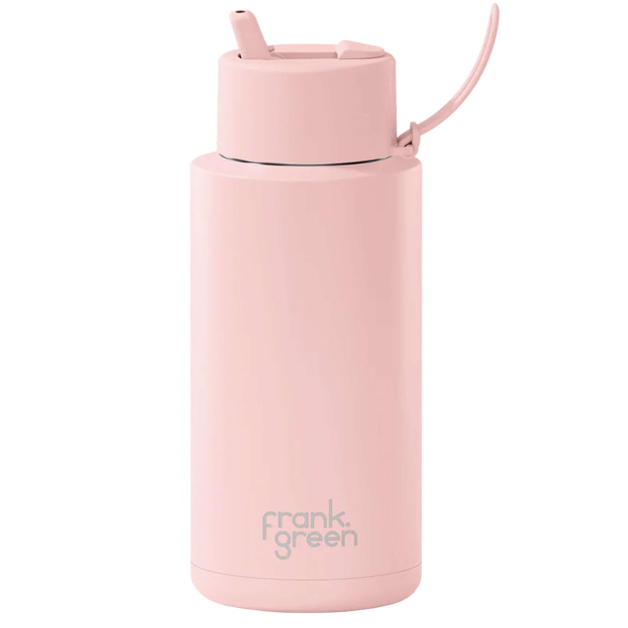Pink water bottle with straw lid on a white background