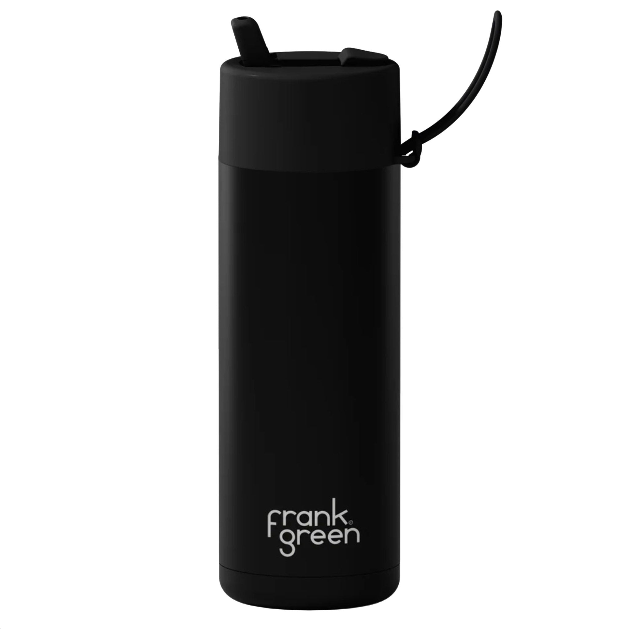 Black reusable water bottle with Frank Green logo on a white background