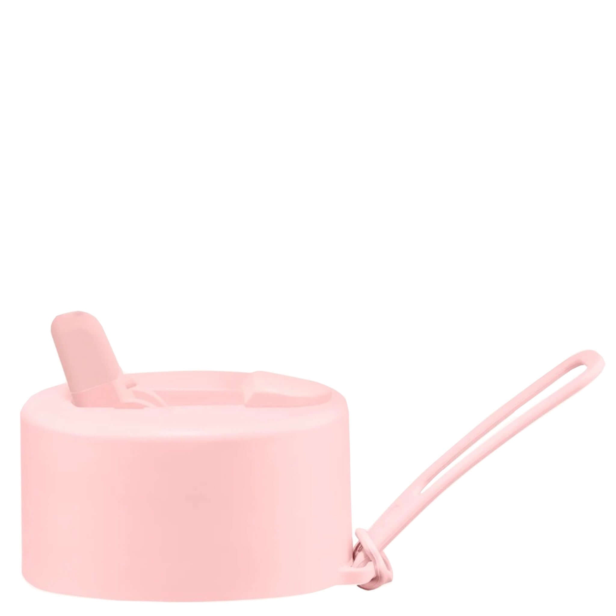 A pink Frank Green flip straw lid with a strap, designed to fit on a reusable water bottle.