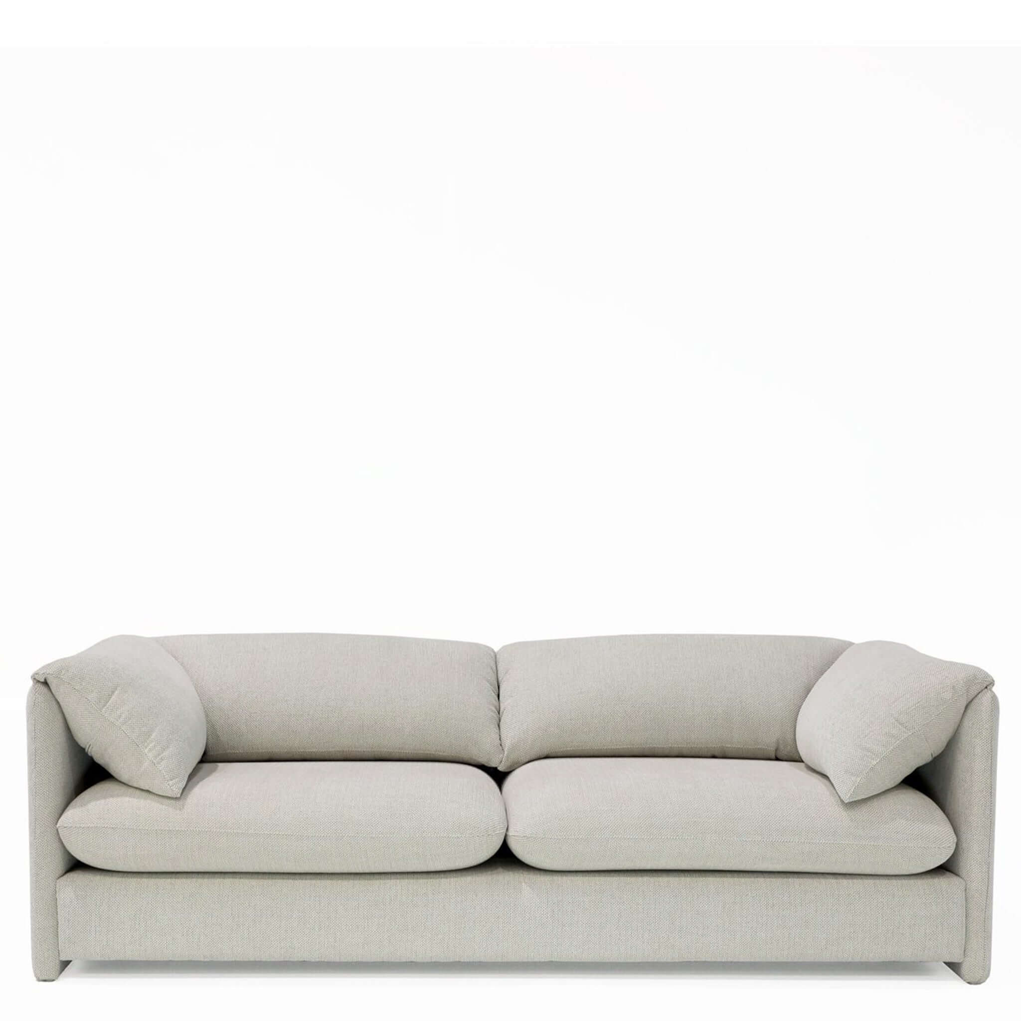 Alt Tag: Freddie 3 Seater Sofa in light grey fabric with fold-over arm cushions, retro 70s Italian-inspired silhouette