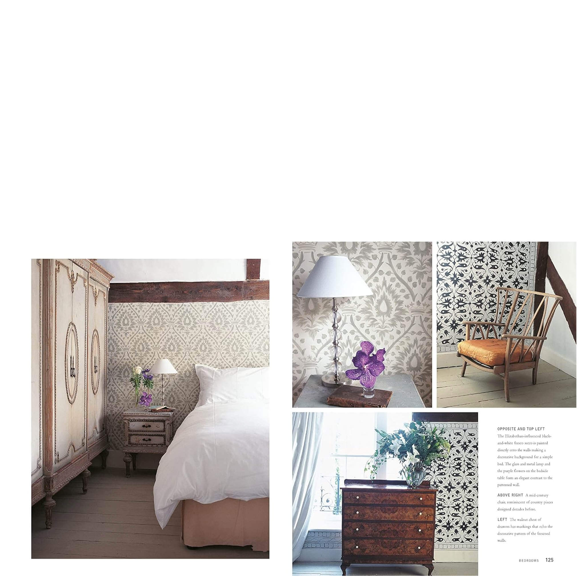 Alt Tag: French Home: Decorating in the French Style book interior showing French-style bedroom decor, patterned walls, antique armoire, lighting and textiles