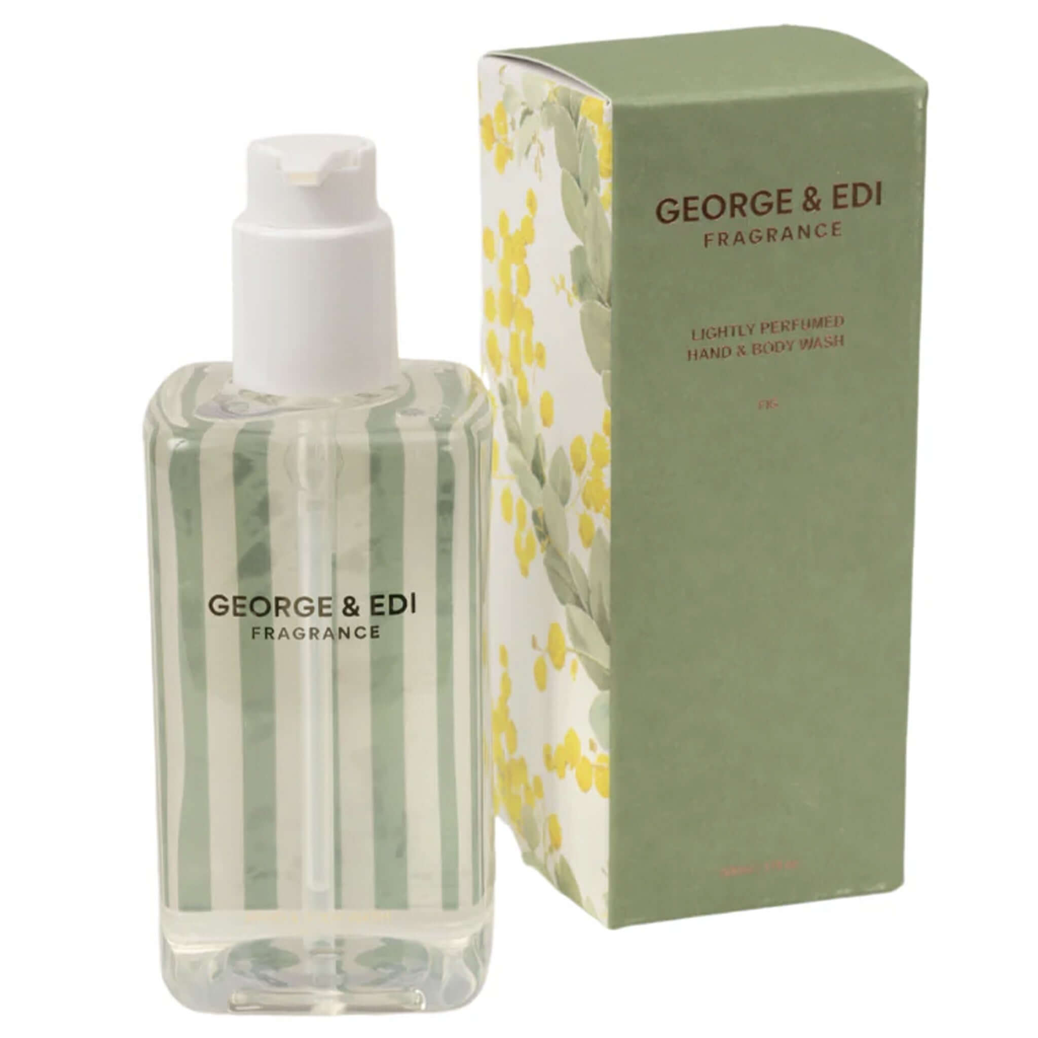 George & Edi Fragrance Hand & Body Wash - Fig in a clear bottle with a decorative box.