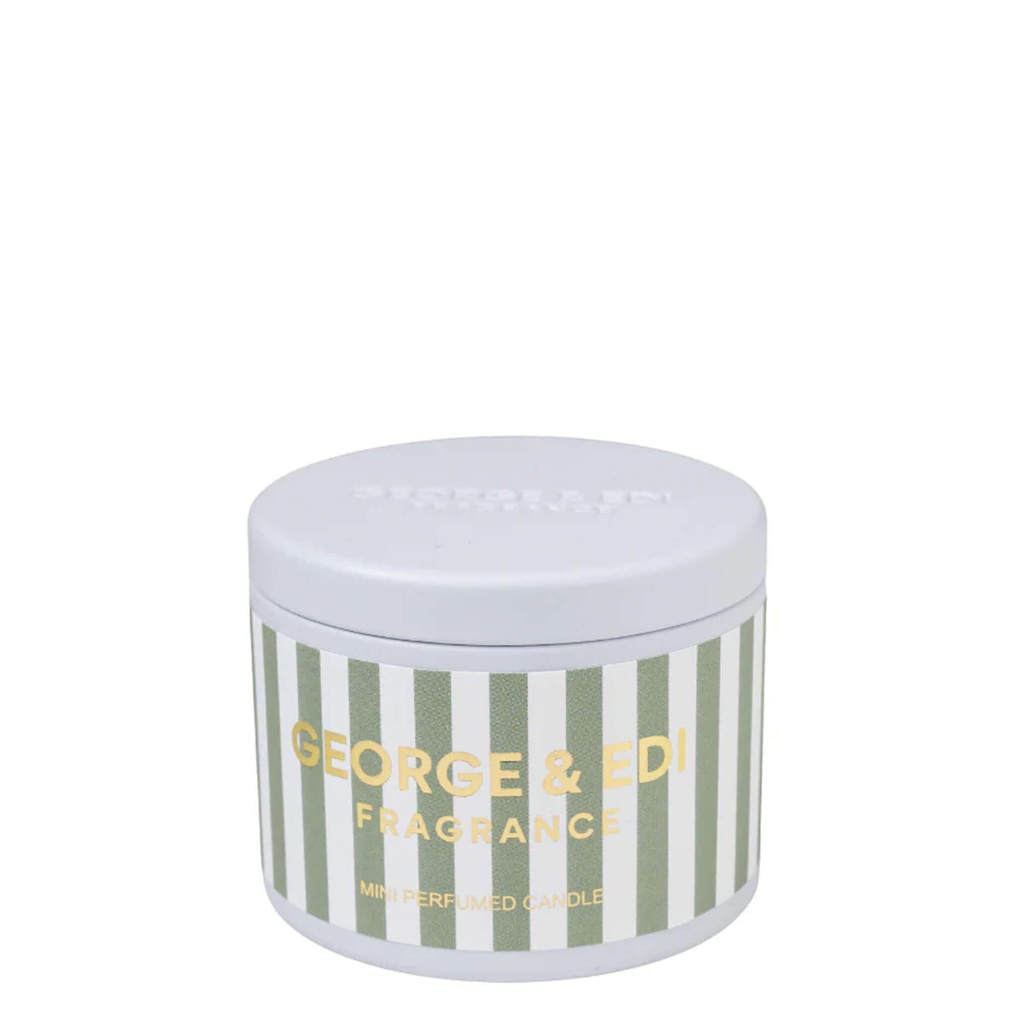 George & Edi Fragrance Mini Candle in a Tin - Fig, featuring a chic striped design and elegant branding.