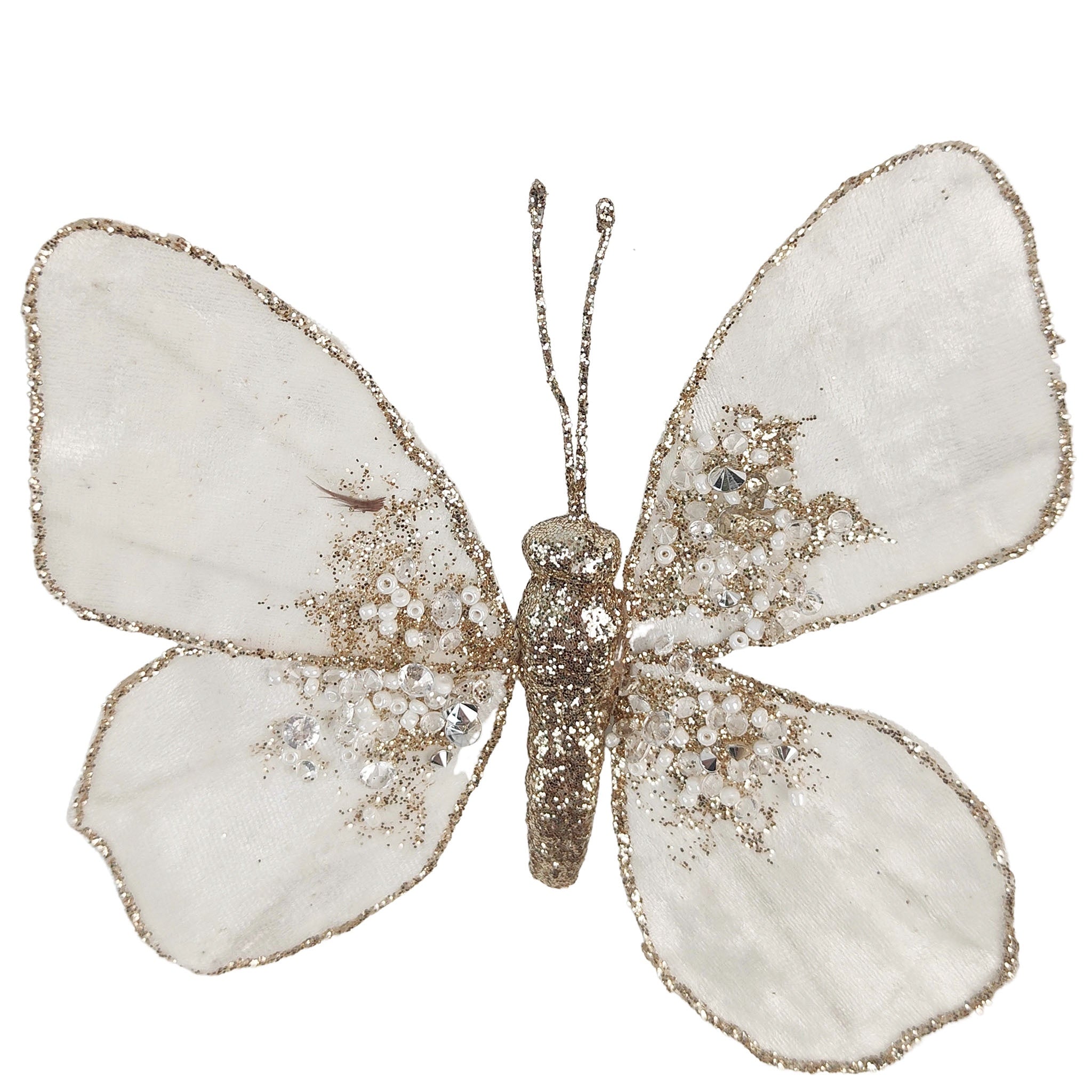 A cream and gold glitter-beaded velvet butterfly clip for Christmas decoration.