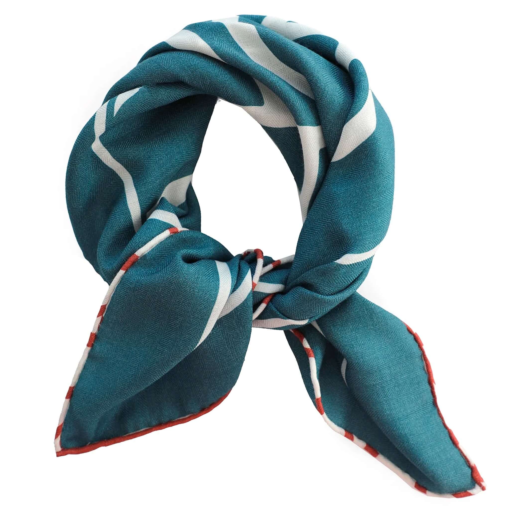 Alt Tag: Good & Co Heritage Neckerchief Wool & Silk Scarf - Denim teal herringbone neckerchief with white print and hand-rolled edge