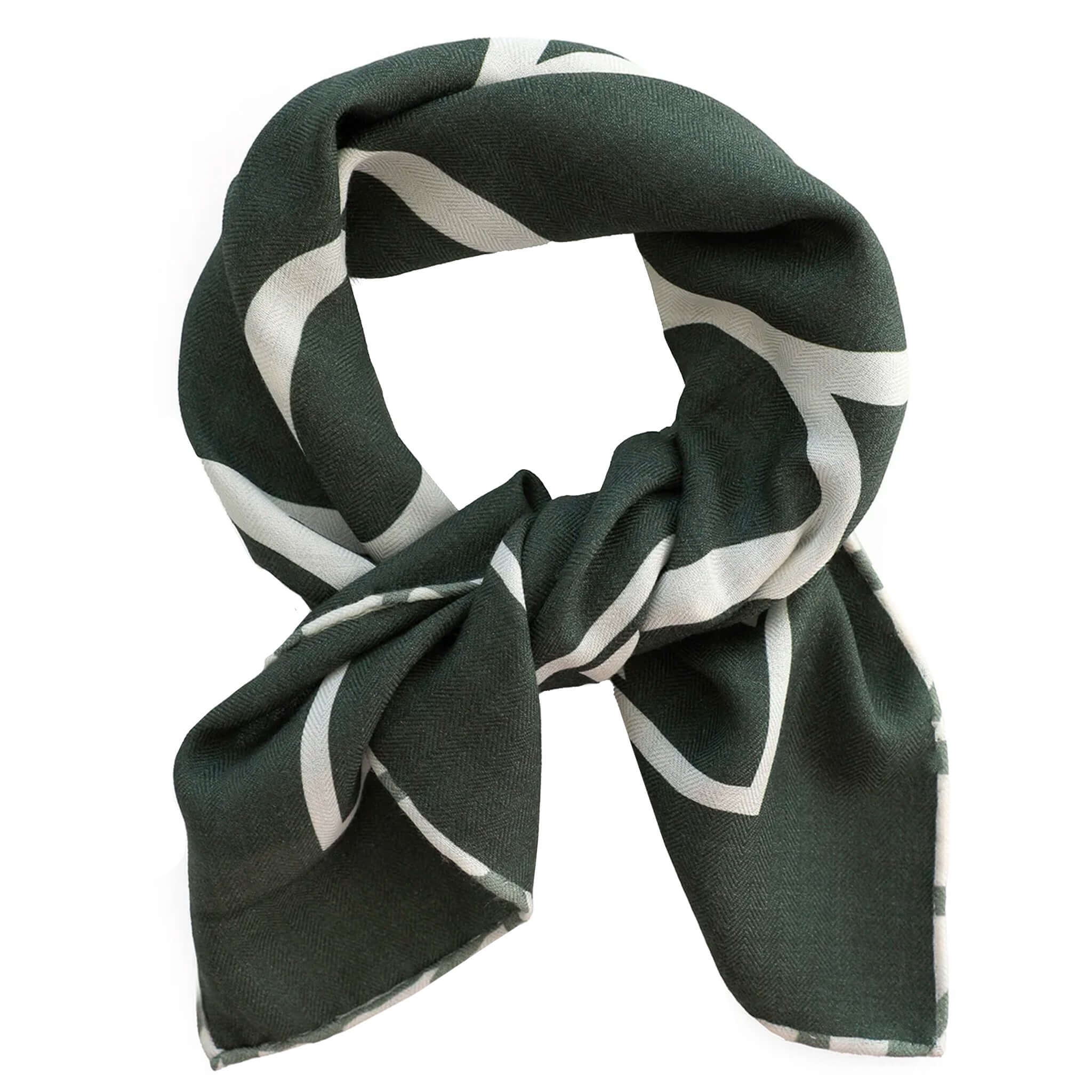 Alt Tag: Good & Co Heritage Neckerchief Wool & Silk Scarf - Forest dark green herringbone neckerchief with white geometric print, tied