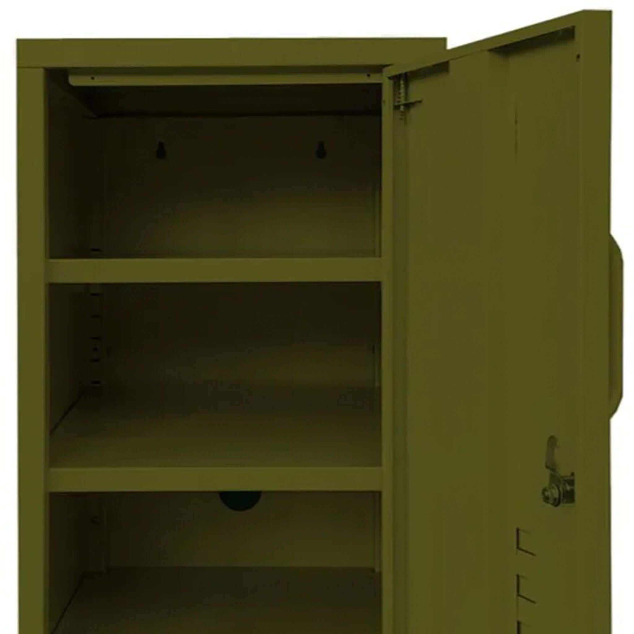 Alt Tag: Good. Doris Contemporary Metal Locker Shelf inside green metal locker with adjustable shelving for extra storage
