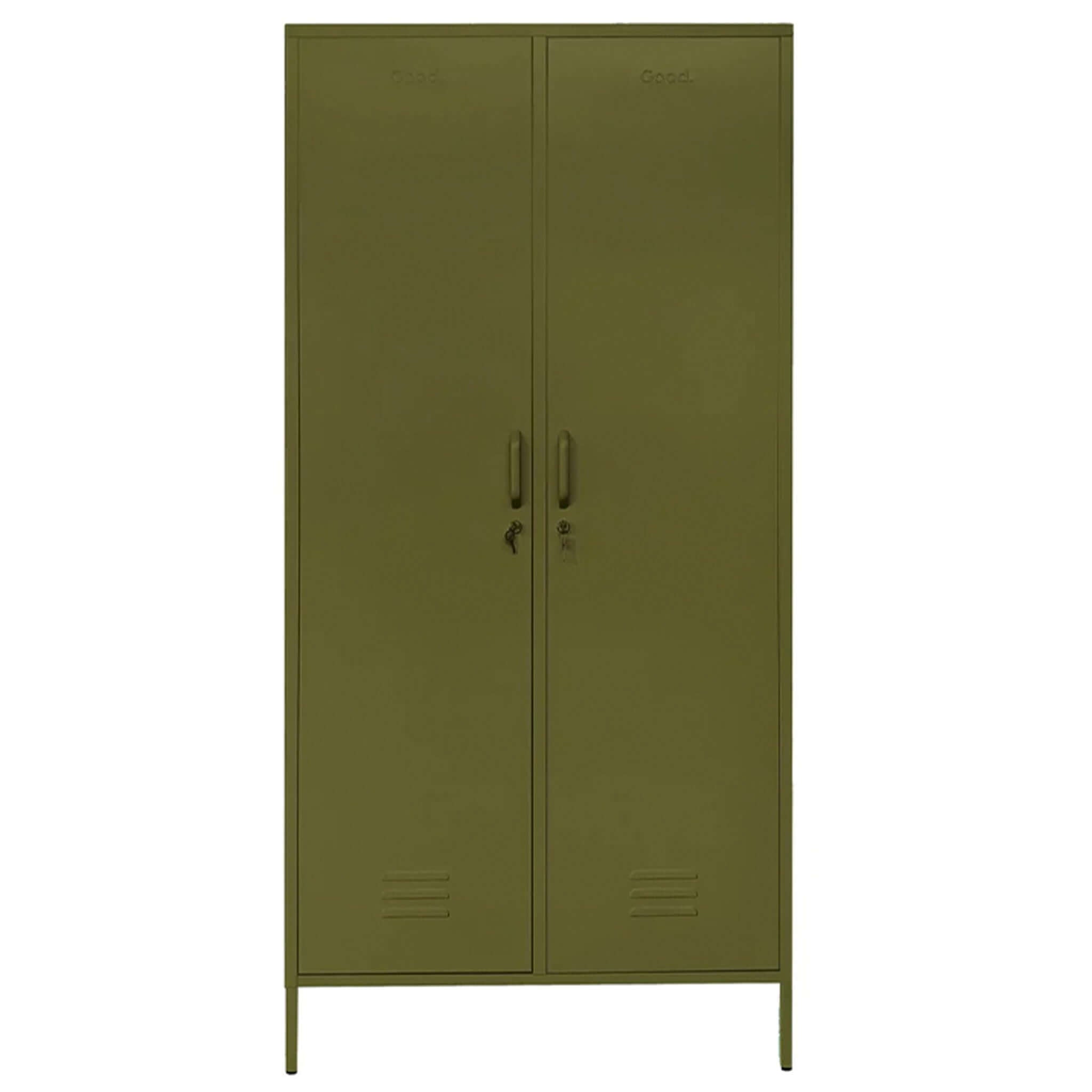 Alt Tag: Good. Clarence Contemporary Metal Locker tall olive-green metal wardrobe locker with double doors, hanging rail and adjustable shelves