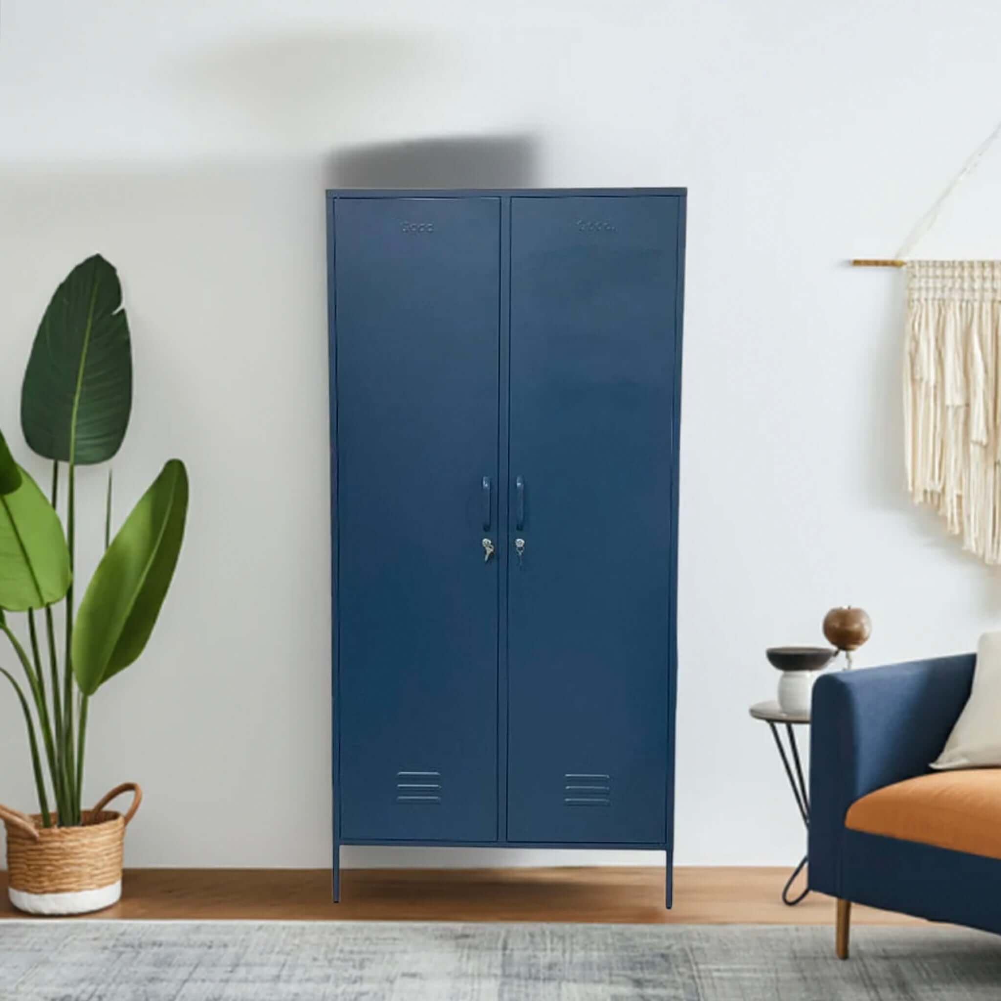 Alt Tag: Good. Clarence Contemporary Metal Locker blue tall retro metal wardrobe with adjustable shelves and hanging rail in modern living room