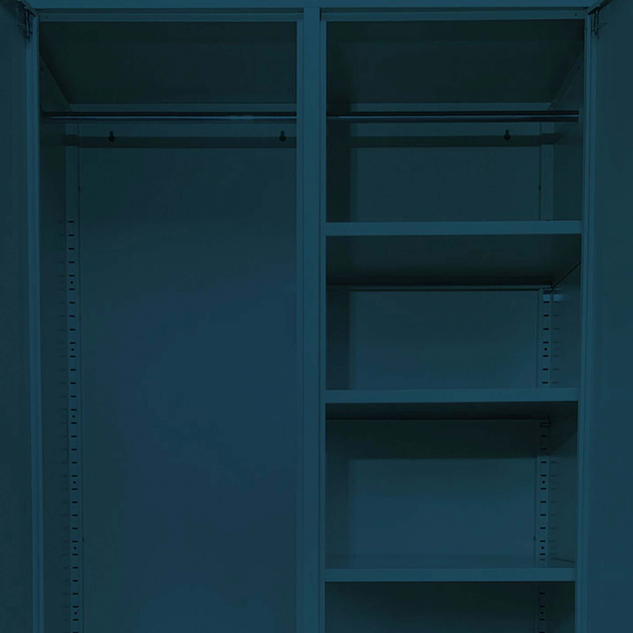 Alt Tag: Good. Clarence Contemporary Metal Locker Shelf installed inside metal locker with adjustable storage shelves