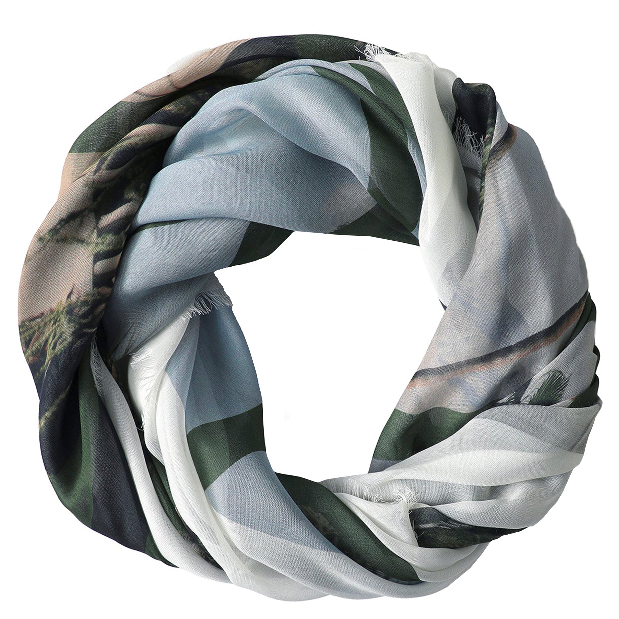 Circular scarf with nature-themed design on a white background
