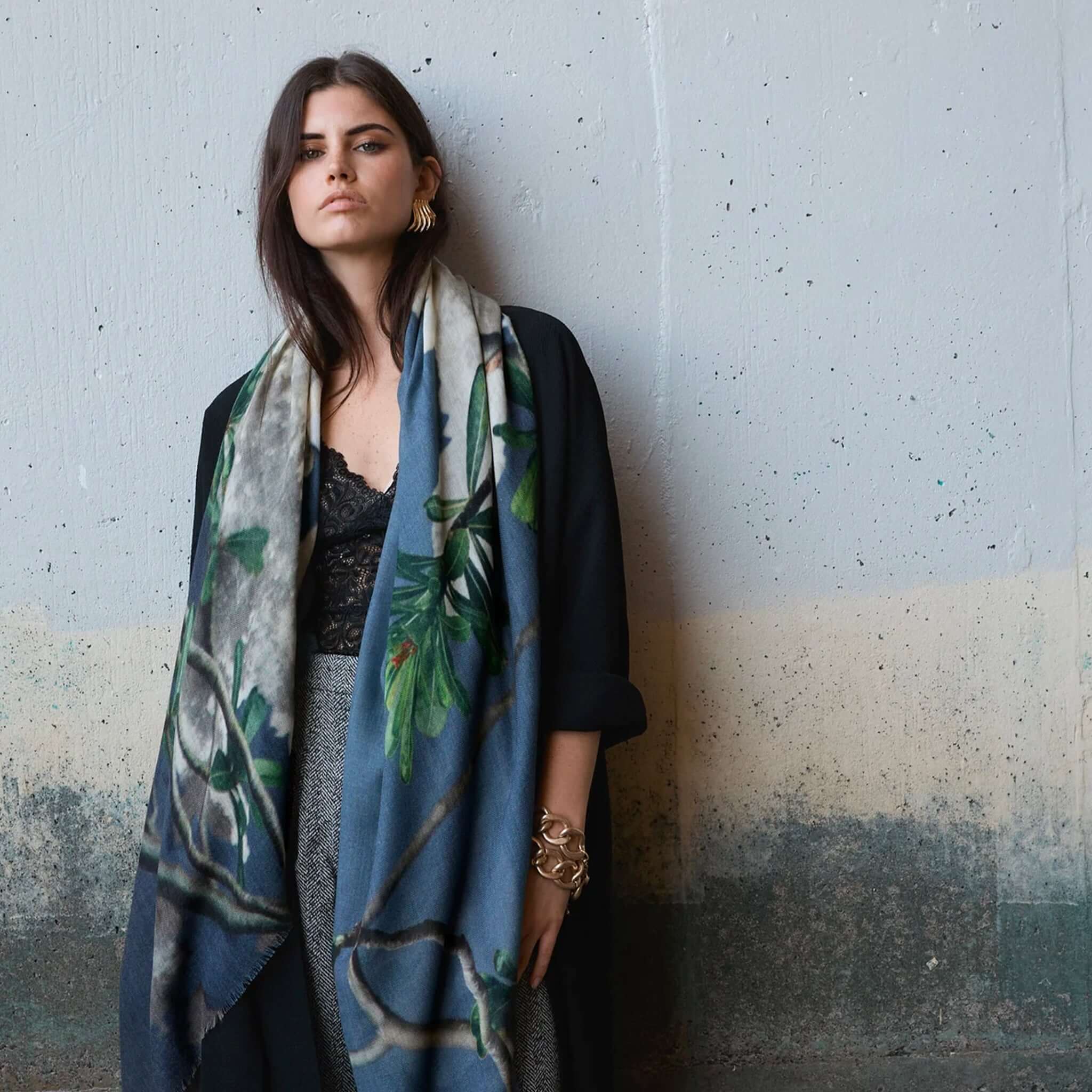 Good & Co Oversized Wool & Silk Scarf - Island Rose worn as oversized floral wool-silk wrap on model, cozy AW accessory