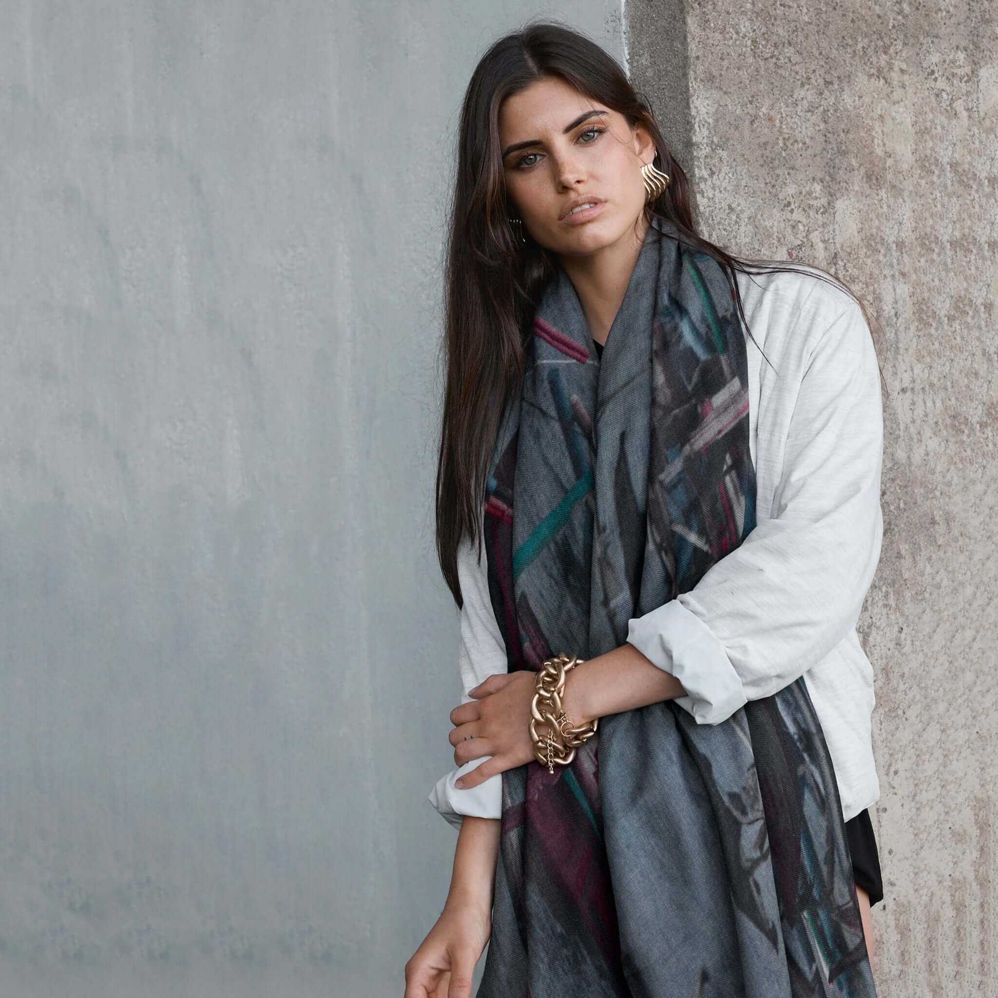 Alt Tag: Model wearing Good & Co Oversized Wool & Silk Scarf - Jukung Boats oversized grey wool-silk scarf, soft warm layering accessory