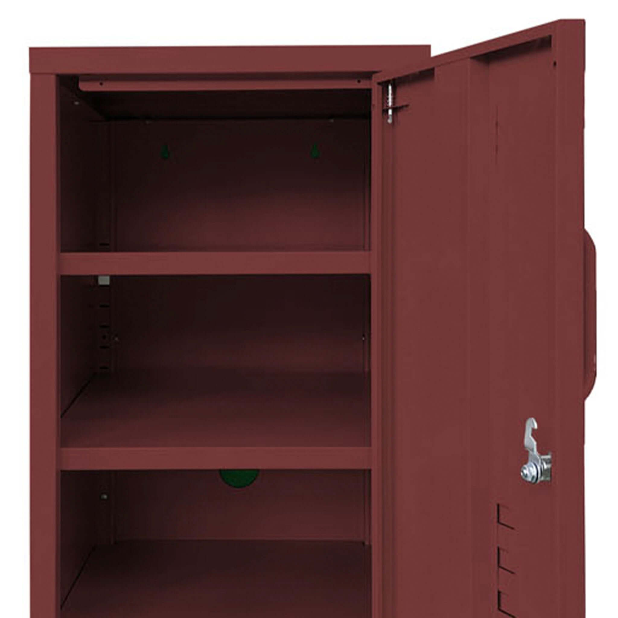 Good. Doris Contemporary Metal Locker Shelf inside burgundy metal locker with door open, adjustable storage shelf insert