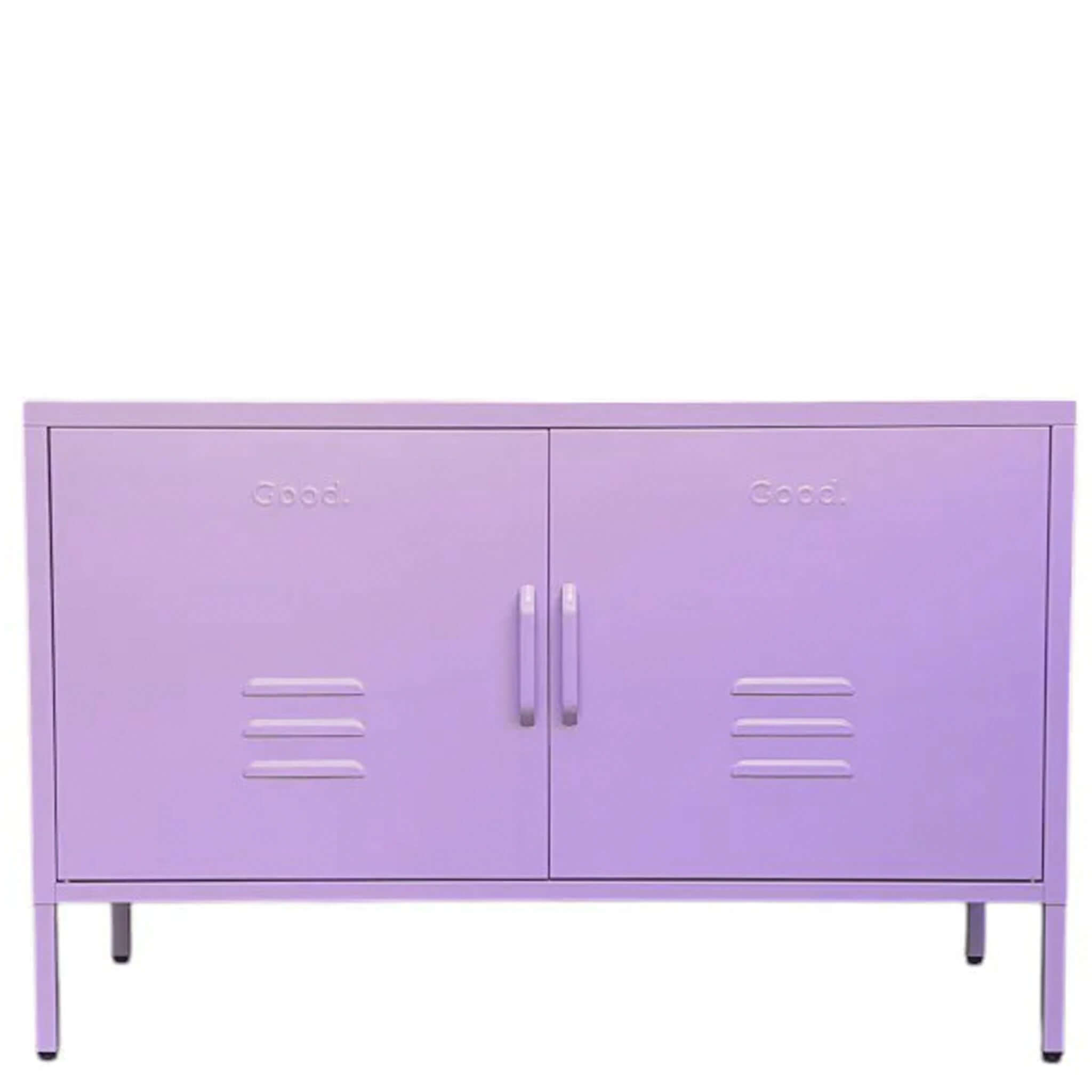 Alt Tag: Good. Harold Contemporary Metal Locker low-height minimalist metal storage cabinet with double doors, lavender finish, compact TV console