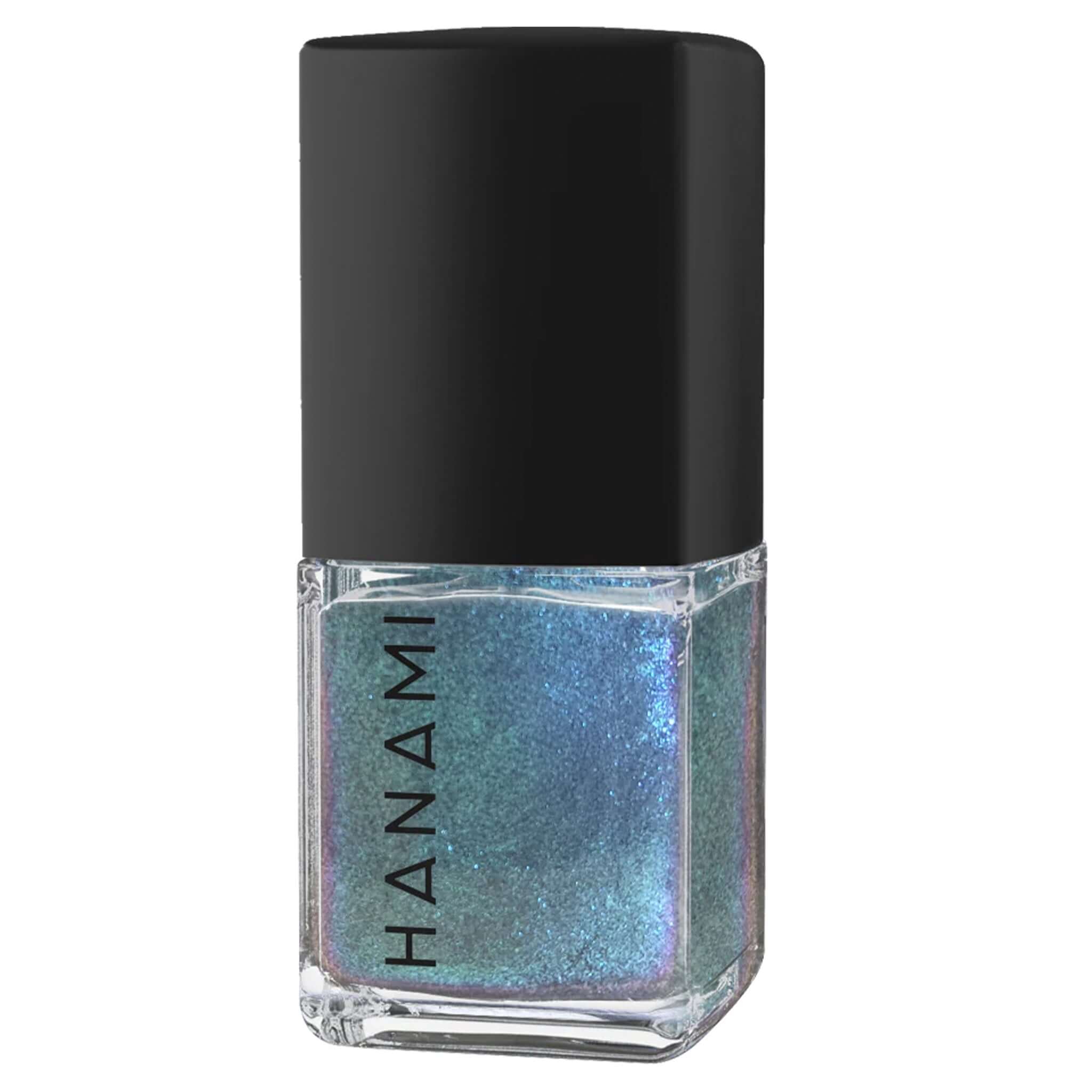 Alt Tag: Hanami Plant Based Nail Polish - Phenomena shimmering blue vegan 21-free plant-based breathable non-toxic nail colour 15ml bottle
