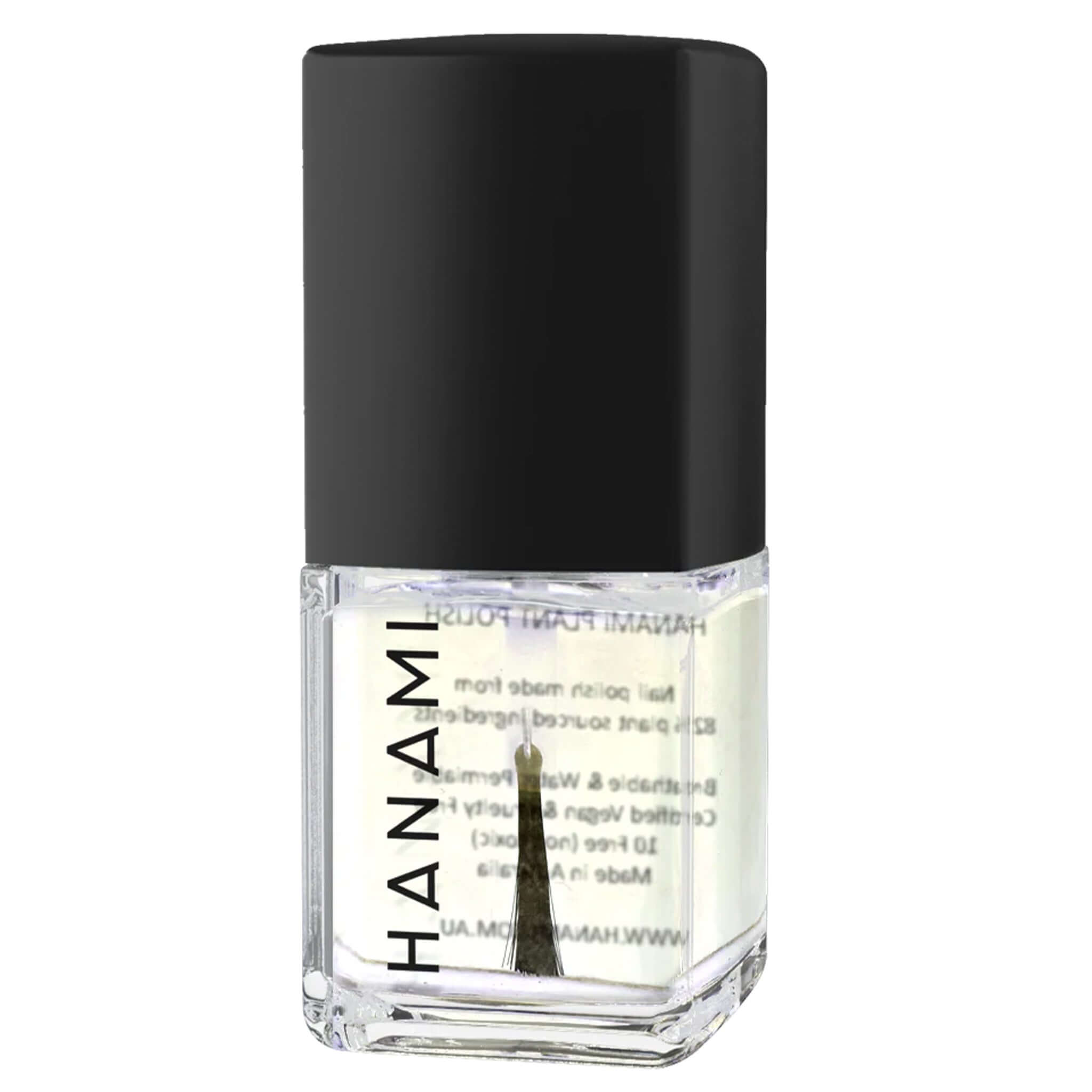 Alt Tag: Hanami Plant Based Nail Polish - Top + Base Coat 3-in-1 strengthening treatment, smoothing base coat and glossy top coat bottle