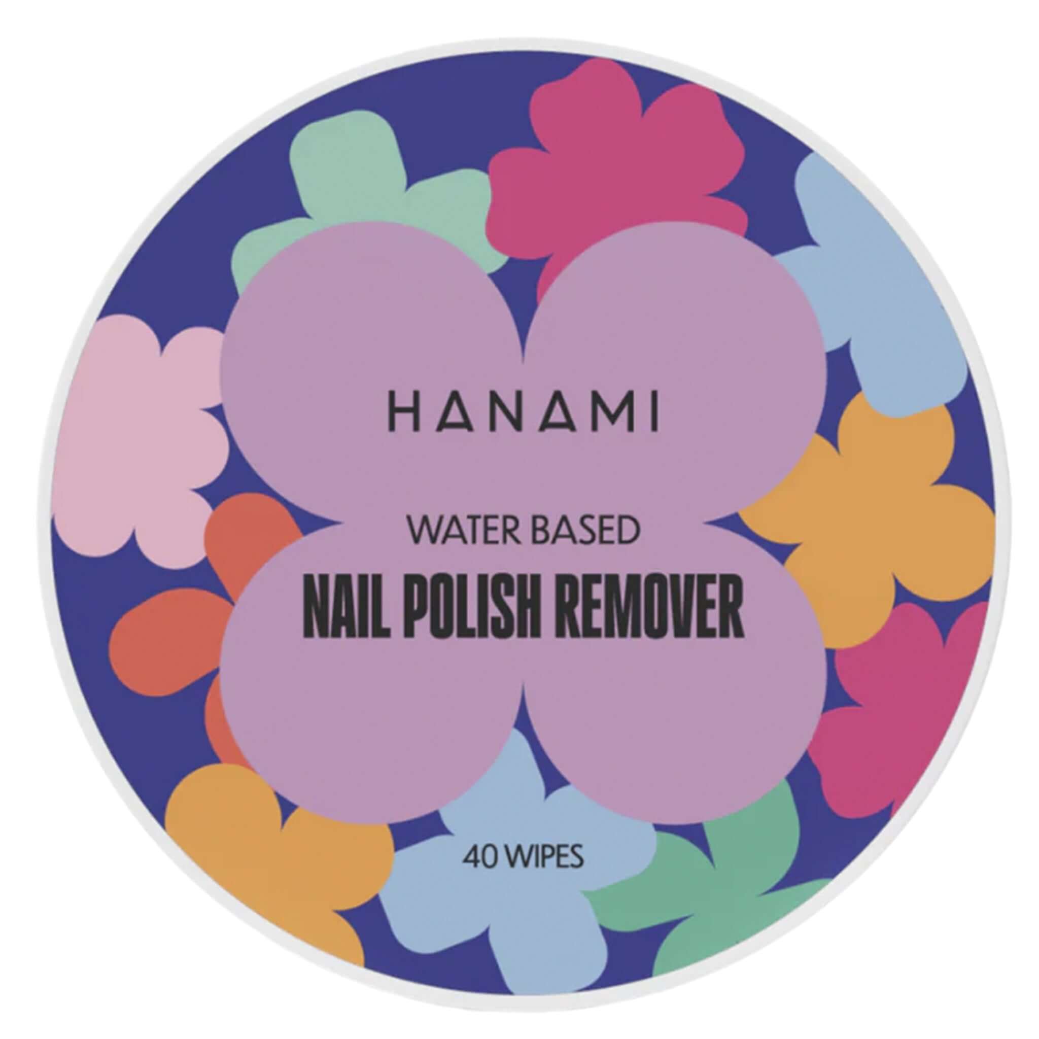 Alt Tag: Hanami Water-Based Unscented Nail Polish Remover Wipes 40 wipes water-based nail polish remover acetone-free with Vitamin E Aloe Vera