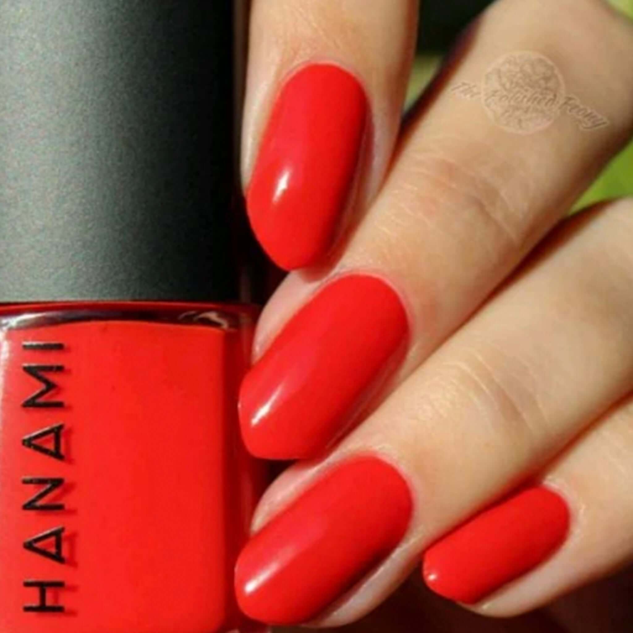 Alt Tag: Hanami Plant Based Nail Polish - I Wanna be Adored vibrant red manicure, vegan 21-free breathable plant-based nail colour 15ml