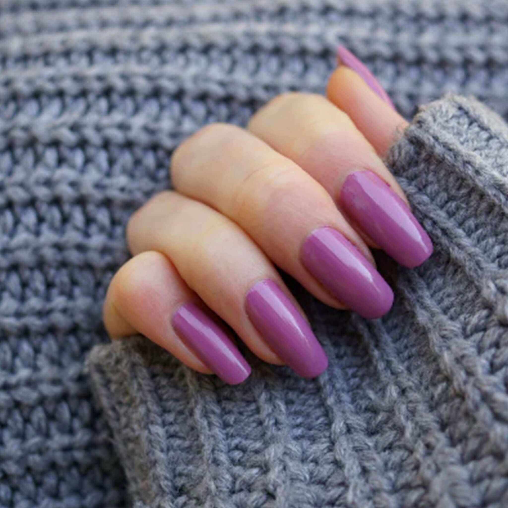 Alt Tag: Hanami Plant Based Nail Polish - Lady on nails, rich mauve-purple vegan 21-free plant-based nail colour, glossy finish