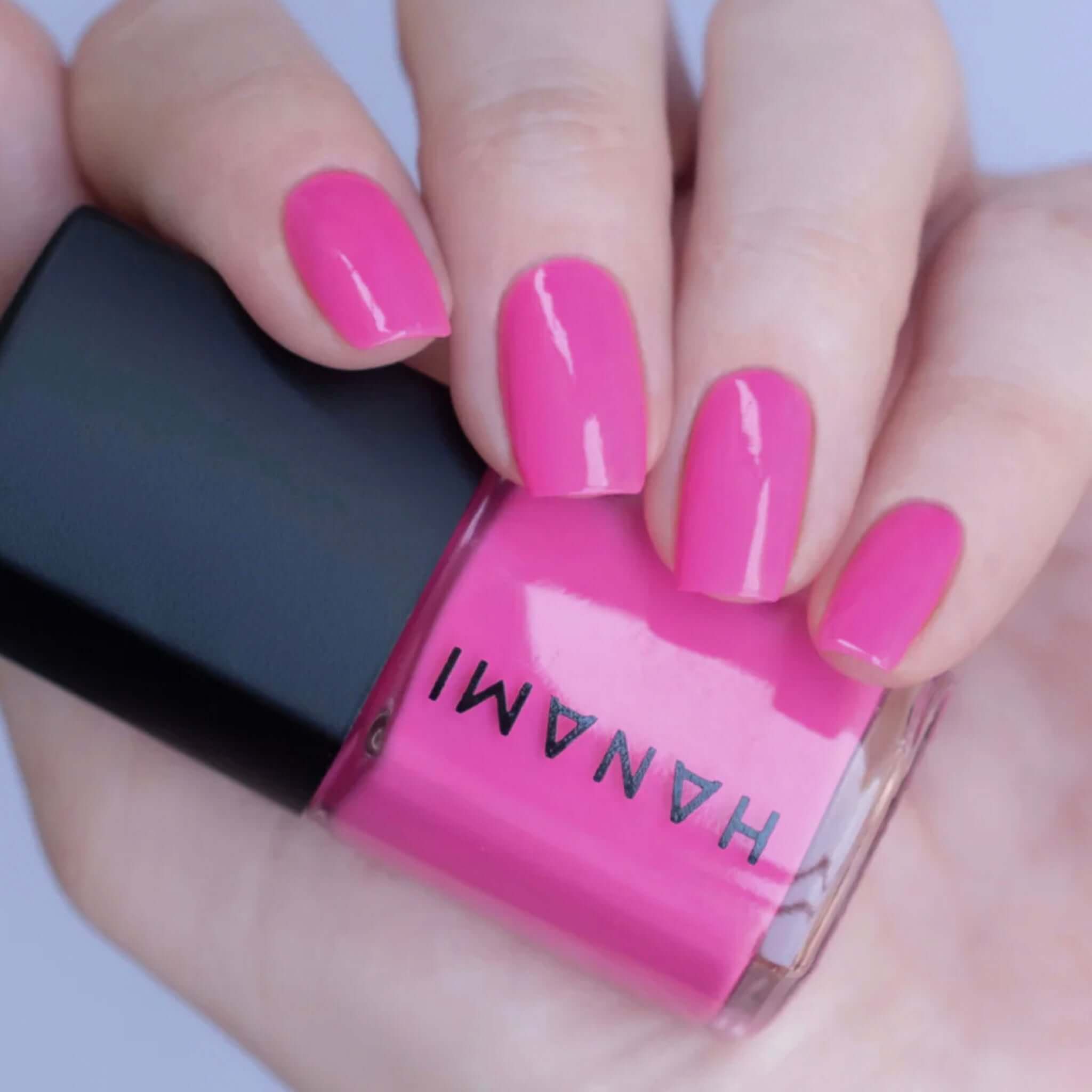 Alt Tag: Hanami Plant Based Nail Polish - Liability bright pink vegan 21-free non-toxic breathable plant-based nail colour on nails