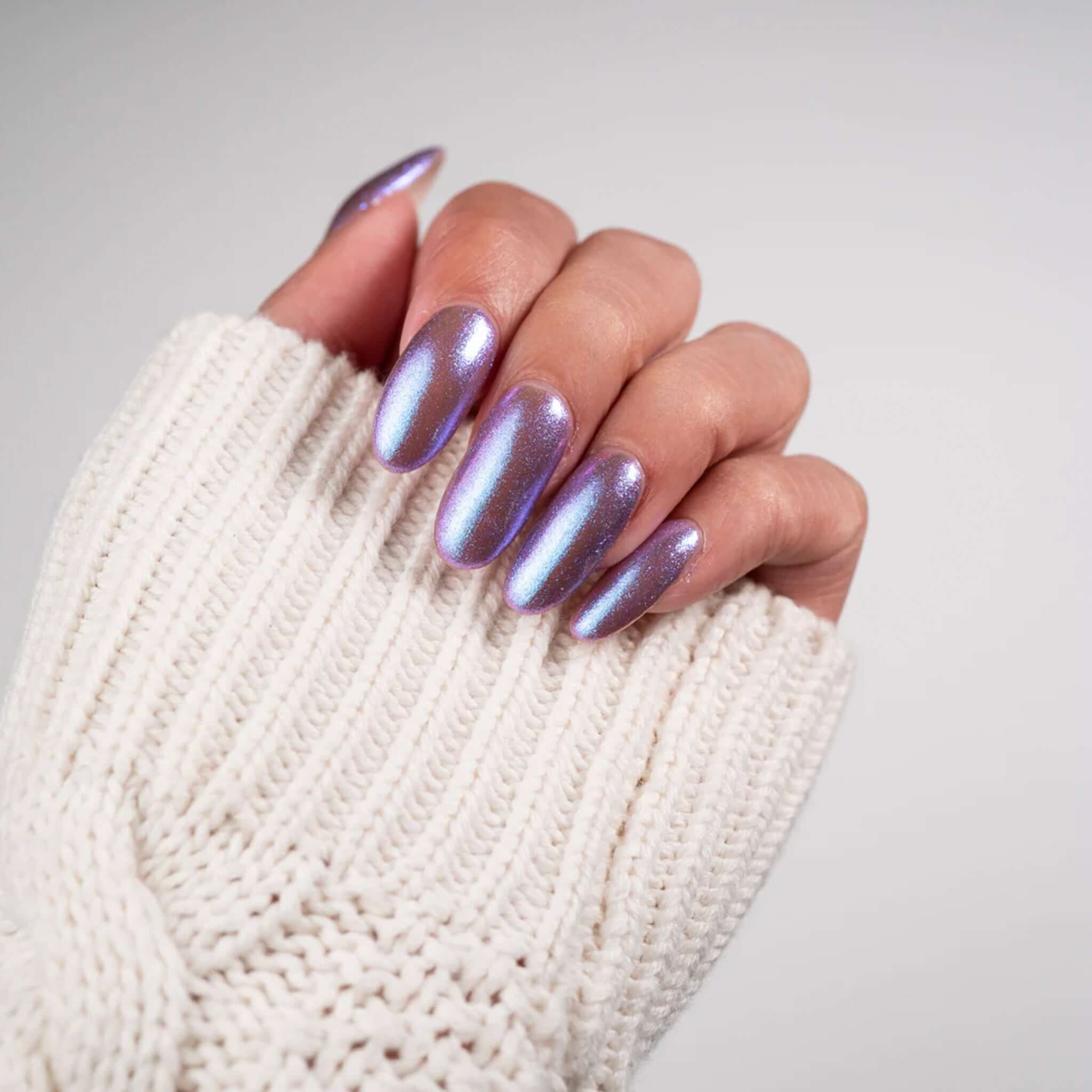 Alt Tag: Hanami Plant Based Nail Polish - Mood Ring on hand, iridescent purple chrome manicure, vegan 21-free plant-based breathable nail colour