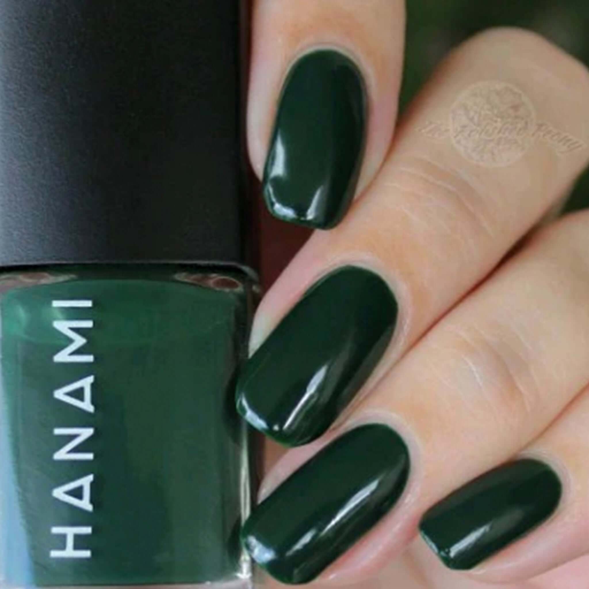 Alt Tag: Hanami Plant Based Nail Polish - Octopus's Garden deep green vegan 21-free non-toxic plant-based nail colour swatch