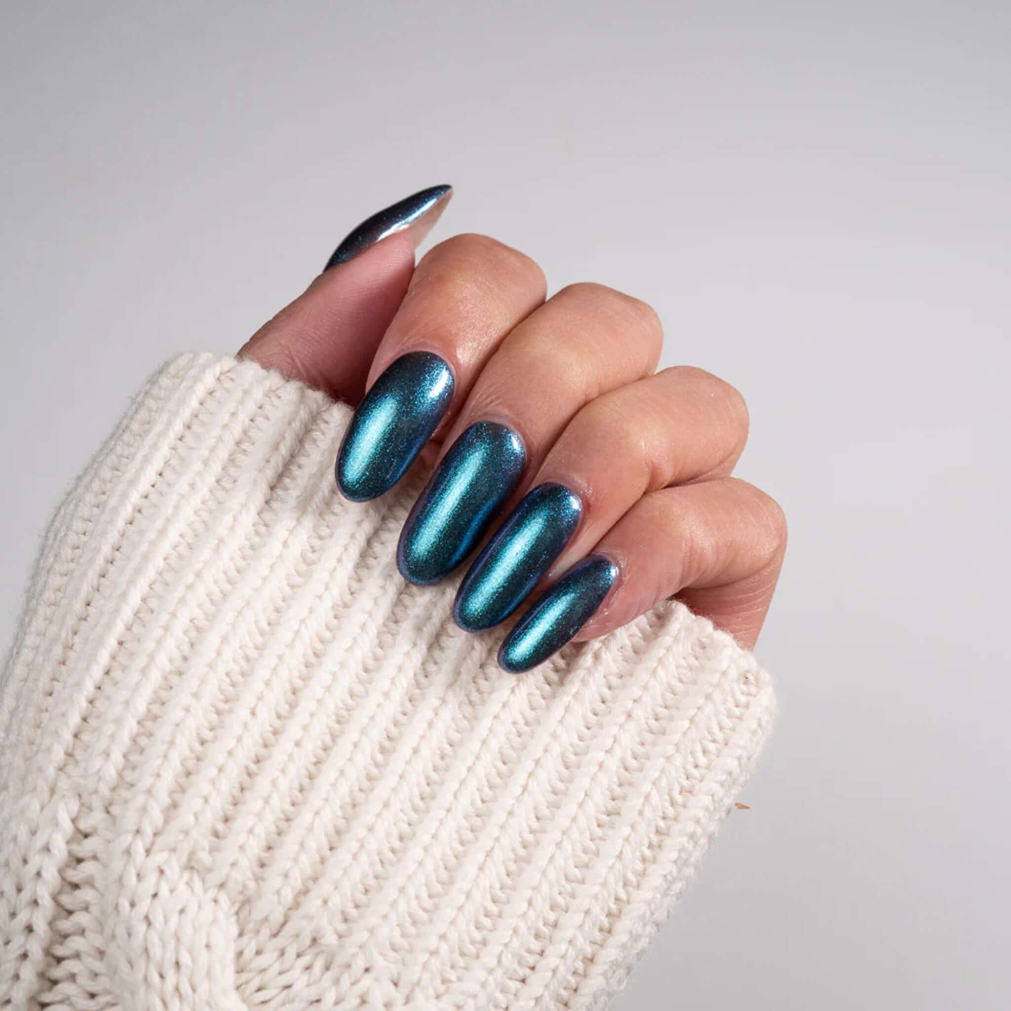 Alt Tag: Hanami Plant Based Nail Polish - Phenomena on long metallic teal nails, vegan 21-free breathable plant-based nail colour