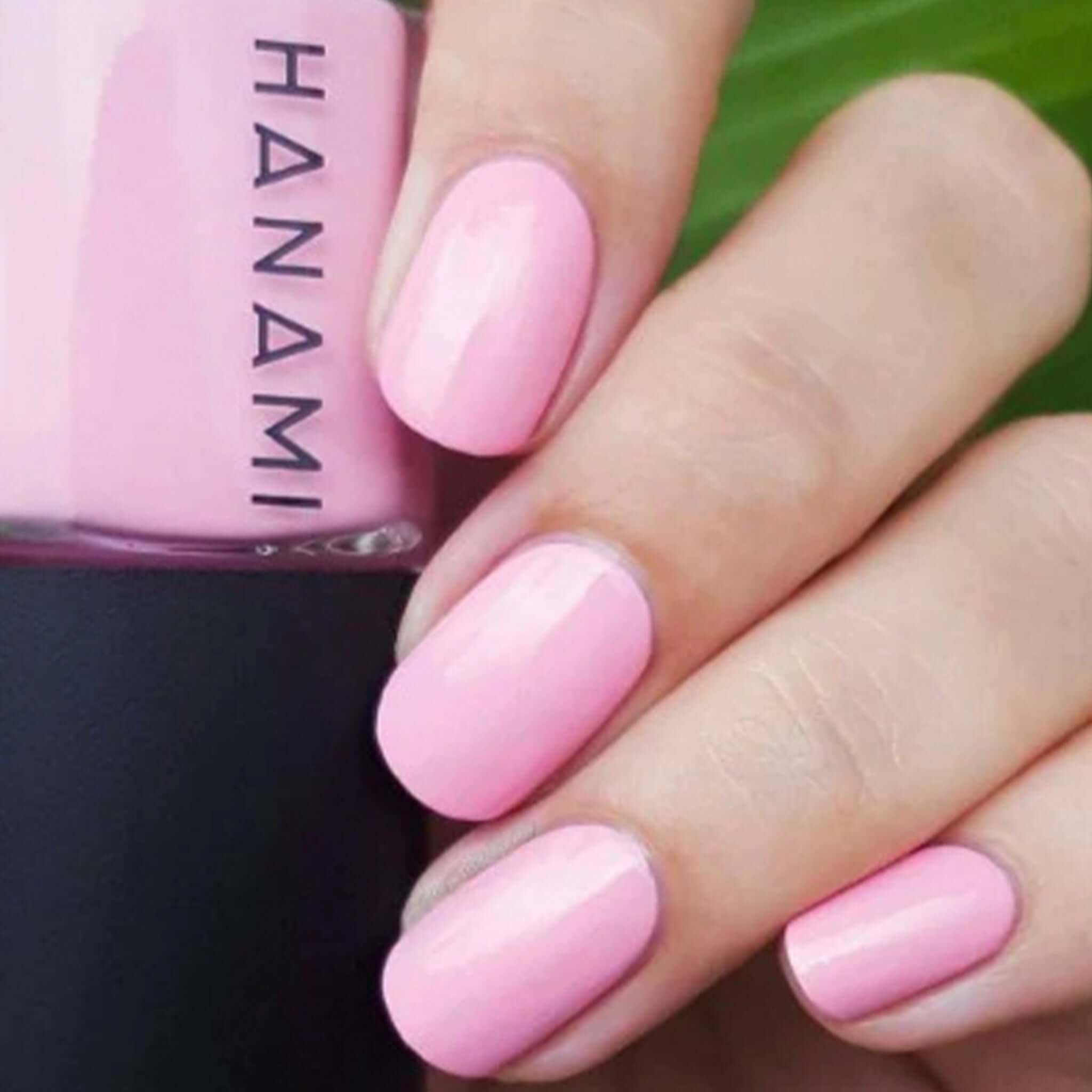 Alt Tag: Hanami Plant Based Nail Polish - Pink Moon swatch on nails, soft pink vegan 21-free plant-based breathable nail colour