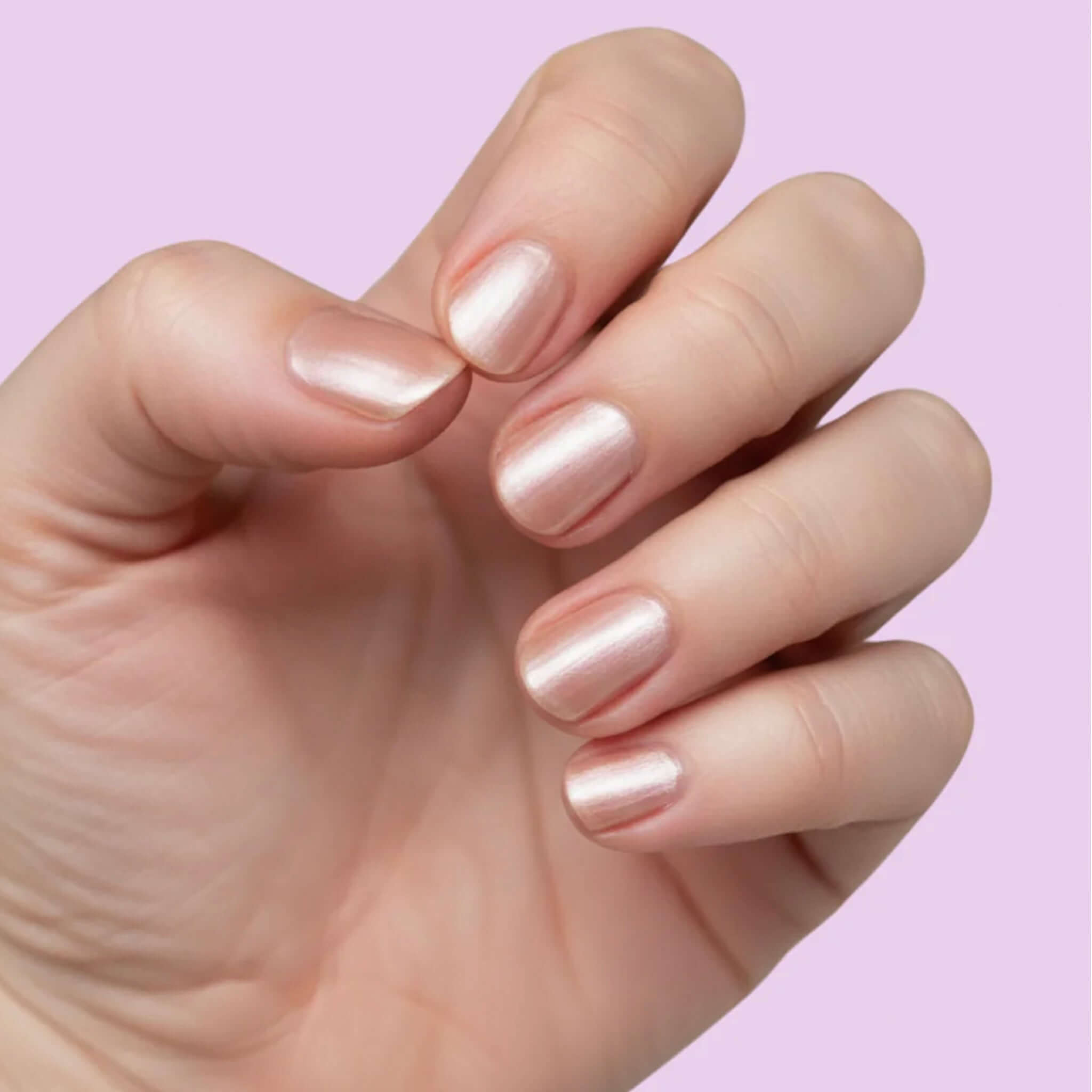 Hanami Plant Based Nail Polish - Satin Doll on nails, satin rose-gold shimmer, vegan 21-free breathable plant-based nail colour