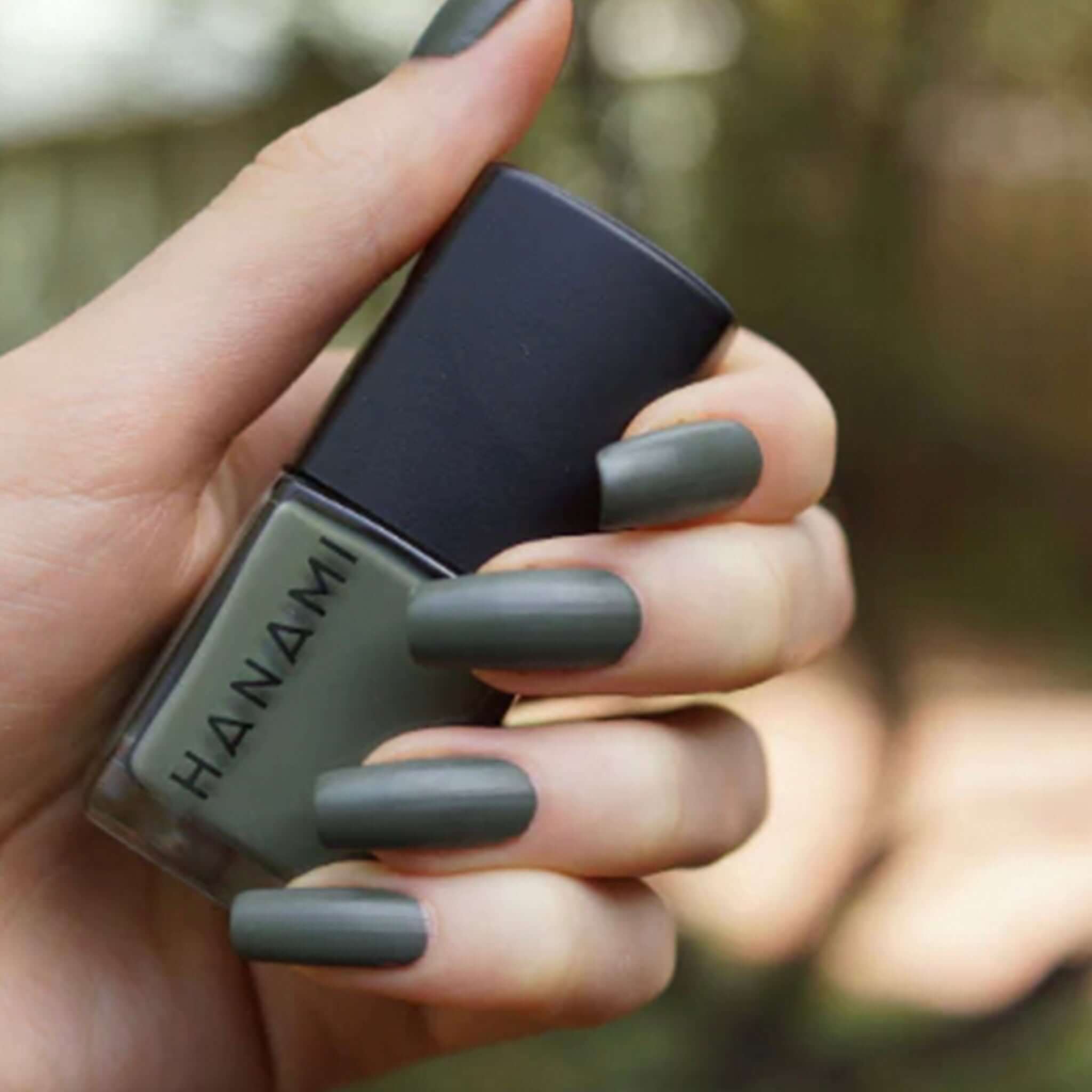 Alt Tag: Hanami Plant Based Nail Polish - The Moss matte green vegan 21-free plant-based breathable nail colour 15ml bottle