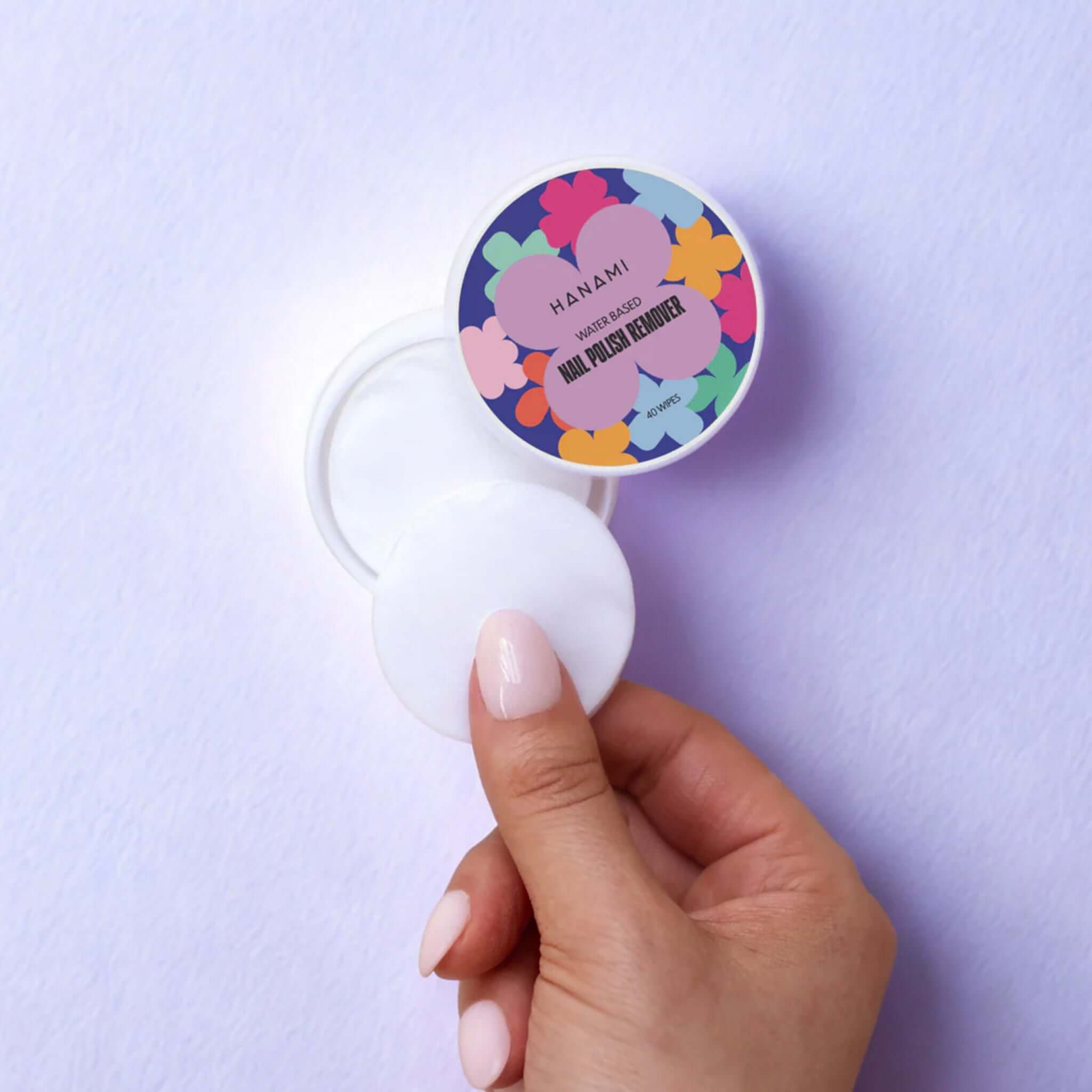 Hanami Water-Based Unscented Nail Polish Remover Wipes tub with wipe pad for gentle acetone-free nail polish removal