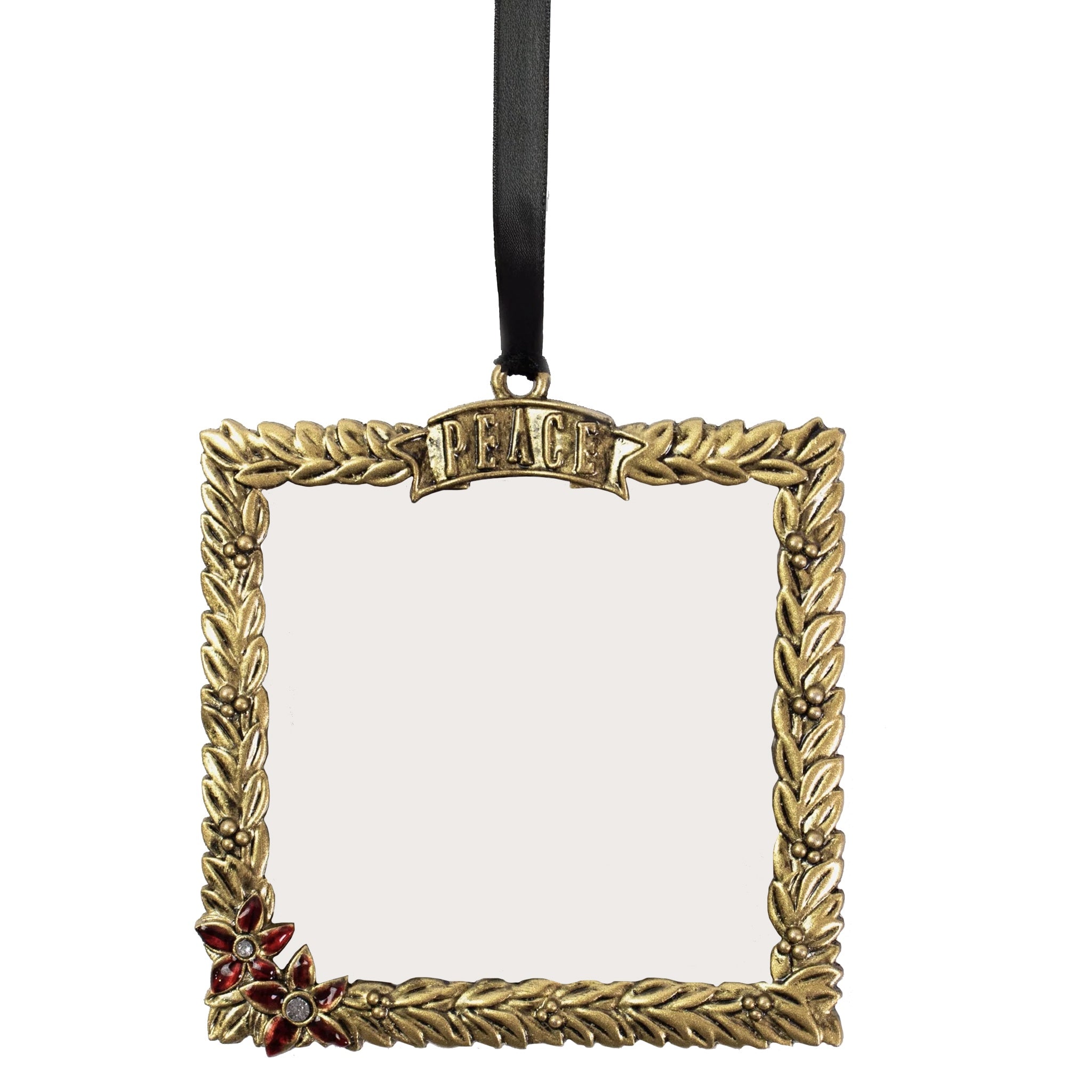 Decorative ornament with 'PEACE' banner and floral design on a white background