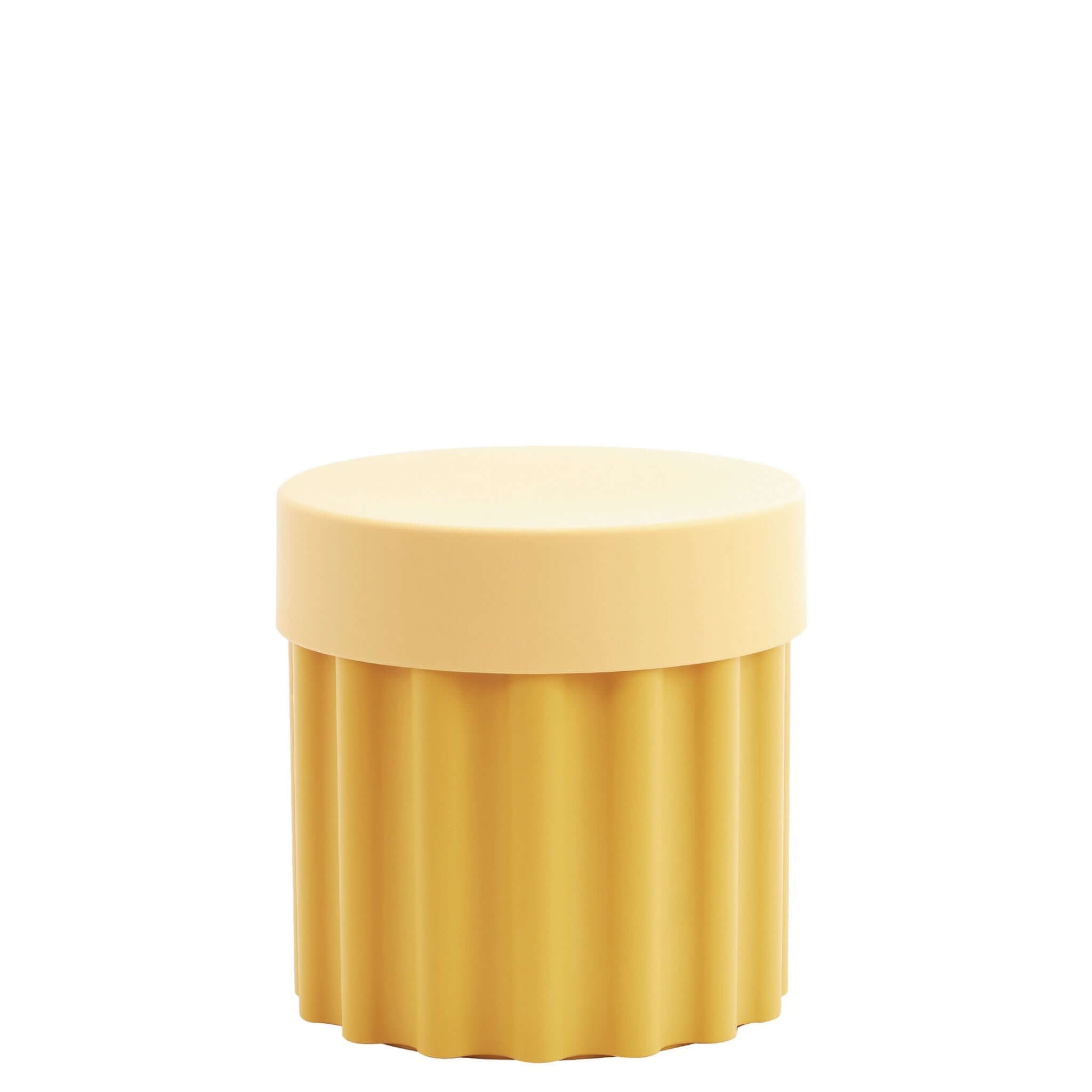 Alt Tag: Harry Stool / Side Table - Yellow modern polyurethane stool with hidden storage, UV-protected bright yellow side table