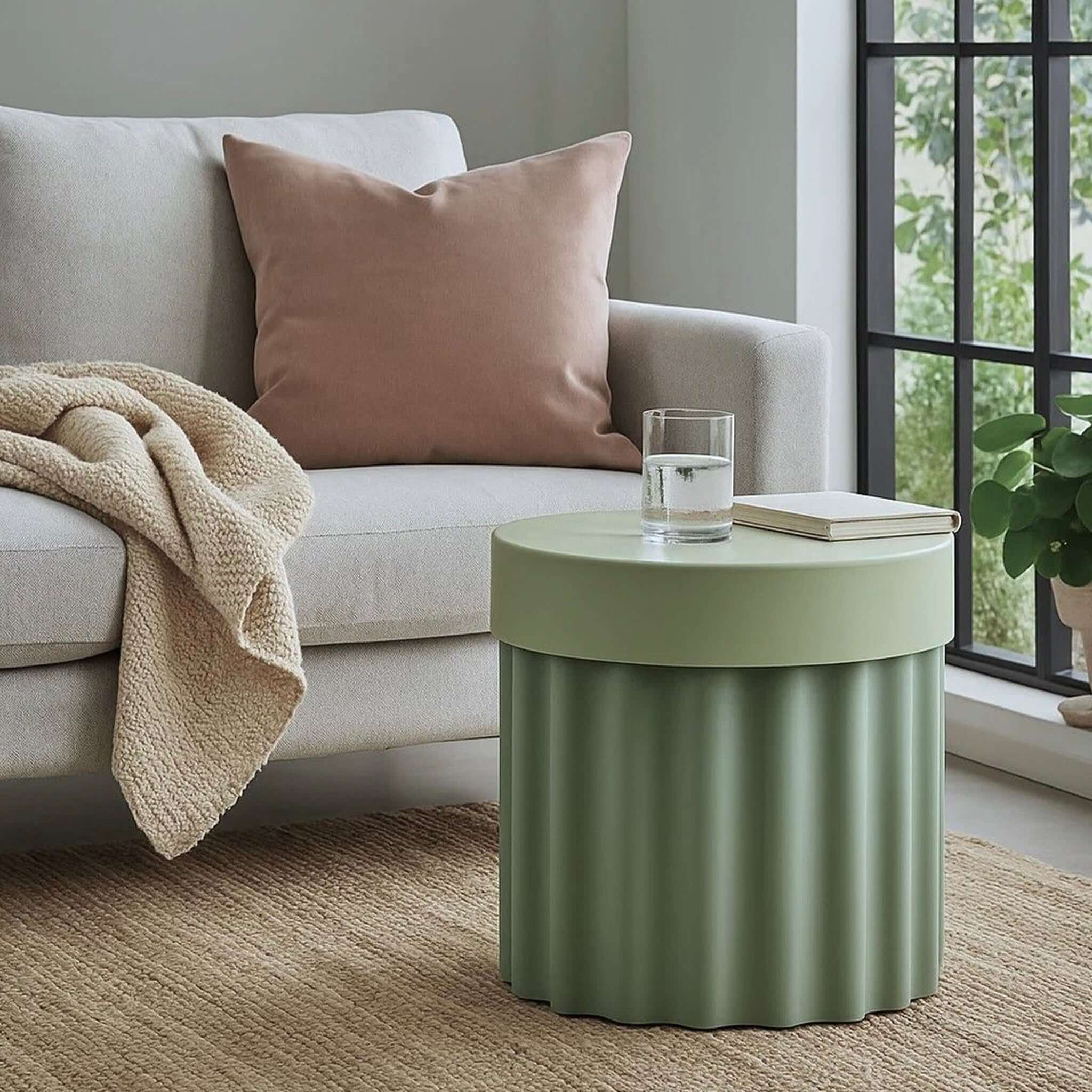 Alt Tag: Harry Stool / Side Table - Green modern UV-coated polyurethane storage stool used as side table next to sofa