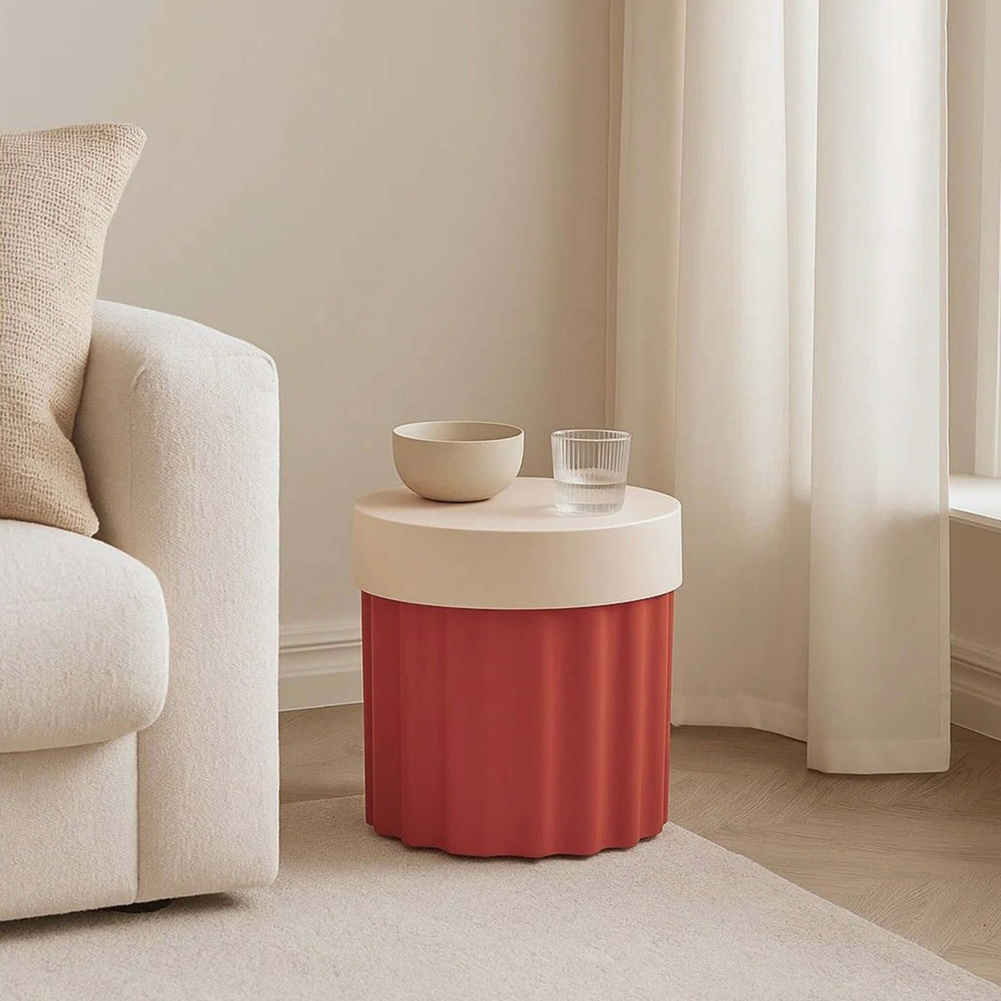 Alt Tag: Harry Stool / Side Table - Red modern round side table with storage beside sofa, durable polyurethane with UV protective finish