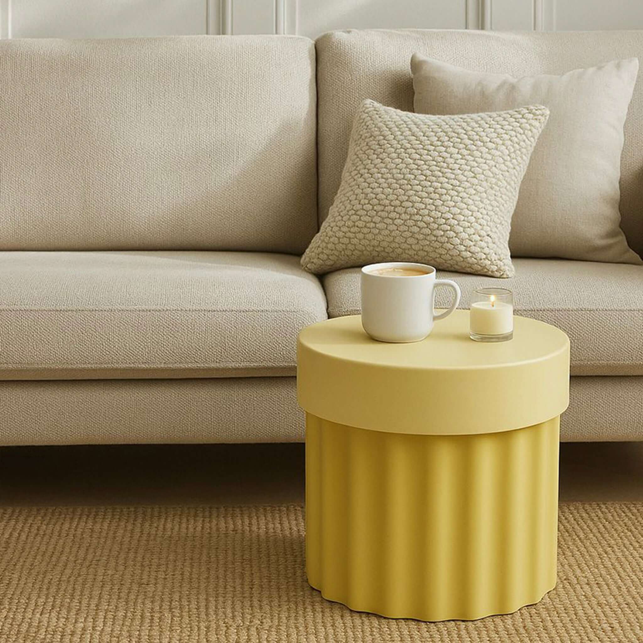 Alt Tag: Harry Stool / Side Table - Yellow used as a modern yellow side table beside sofa, holding coffee mug and candle